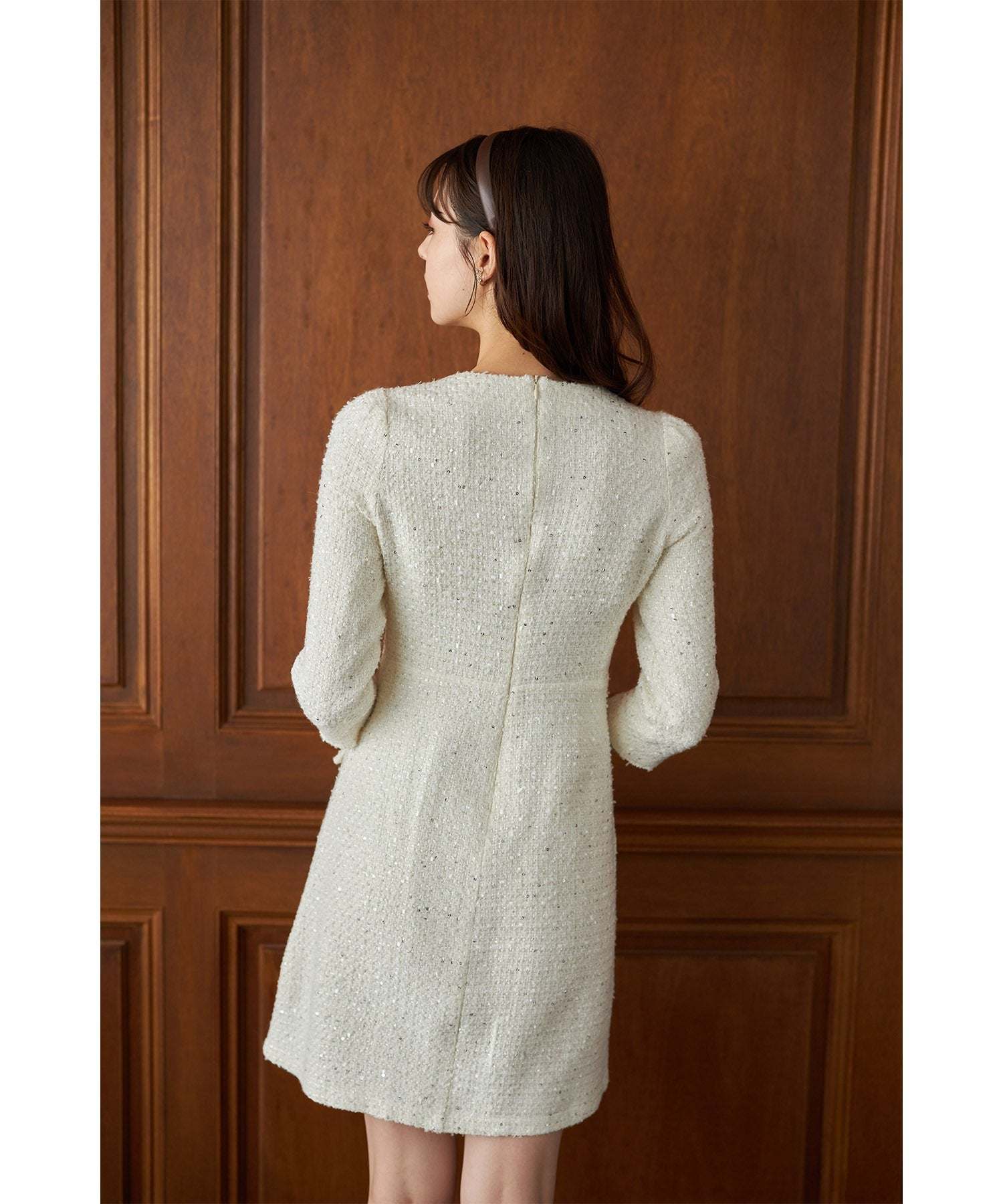 トッコクローゼット tocco closet フェイクポケット付きパールビジュー飾り釦スパンコールツイードミニワンピース