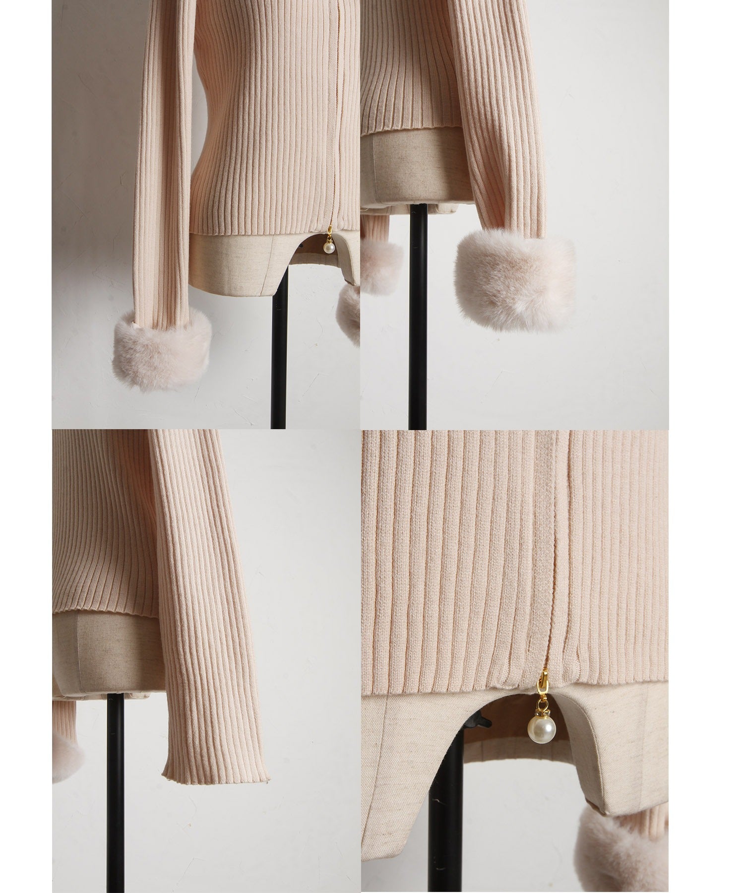 トッコクローゼット tocco closet 取り外し可能なファー付きパール装飾ジップリブニットプルオーバー ベージュ