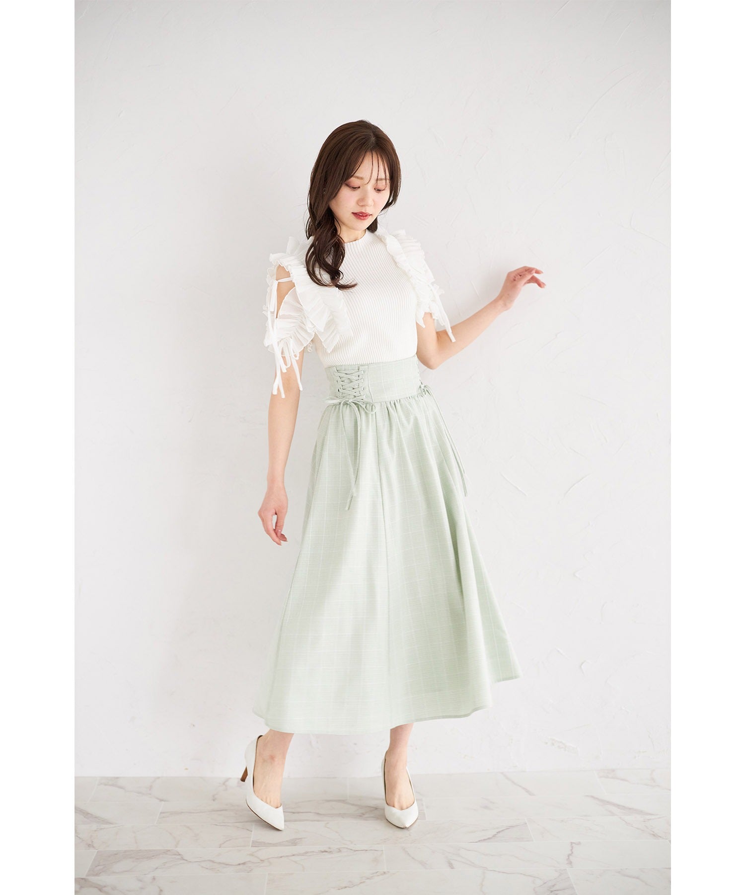 トッコクローゼット tocco closet サイドレースアップチェックスカート グリーン