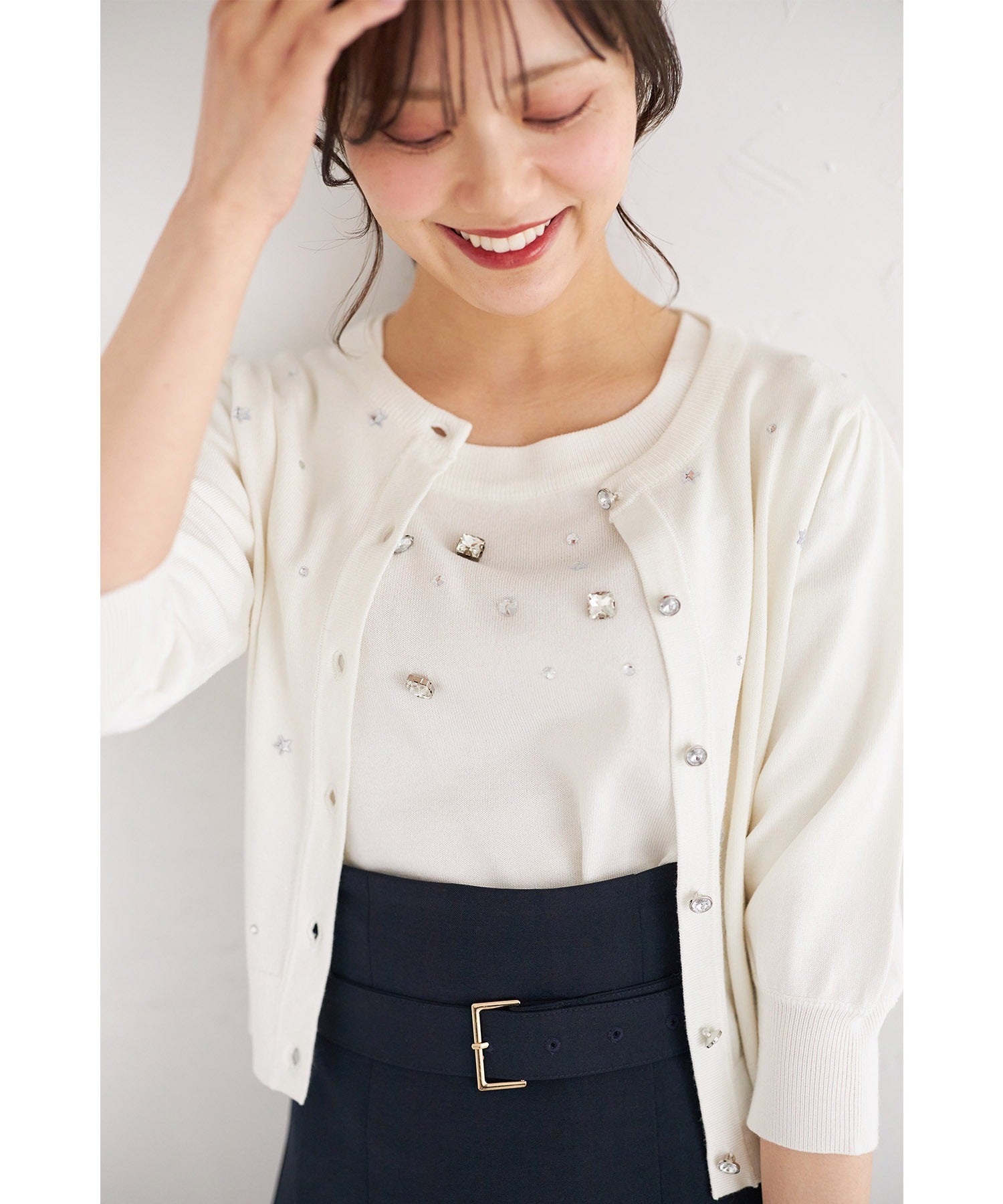 トッコクローゼット tocco closet エトワールビジュー付きニットカーディガン ホワイト