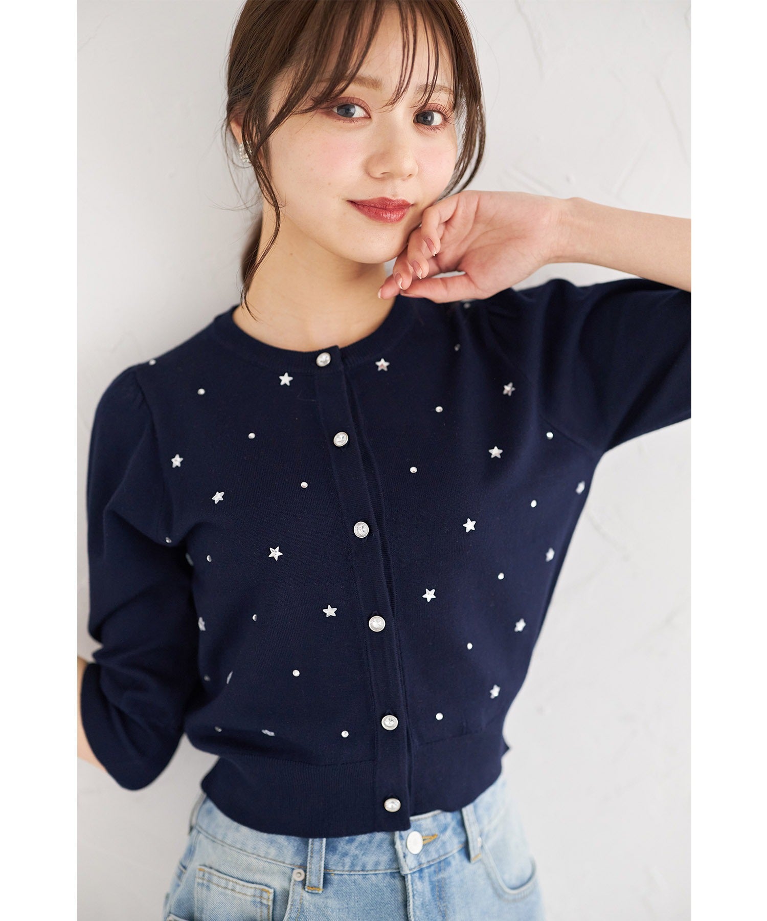 トッコクローゼット tocco closet エトワールビジュー付きニットカーディガン ネイビー