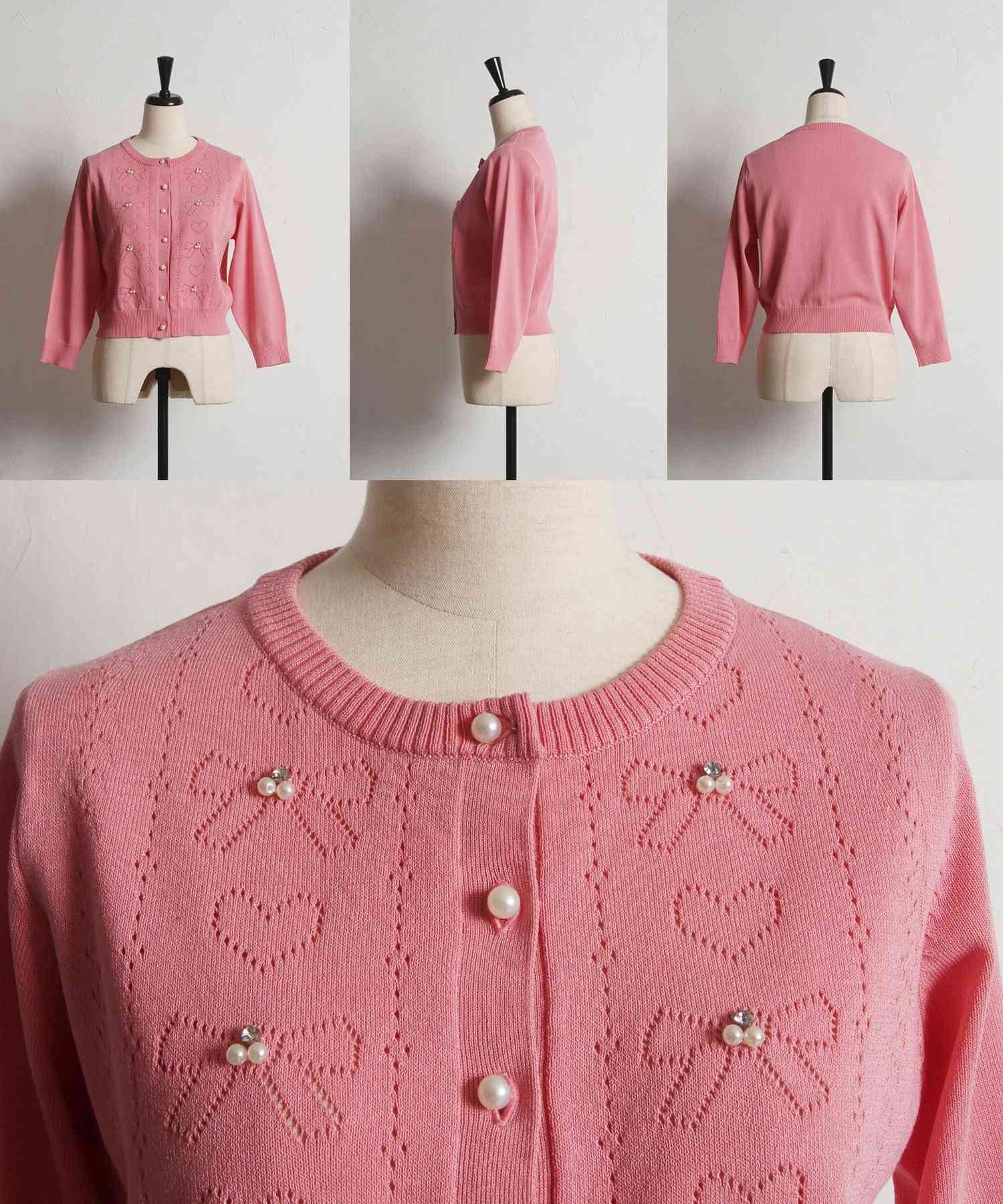 トッコクローゼット tocco closet パールビジュー付きリボン&ハート透かし編みニットカーディガン ホワイト