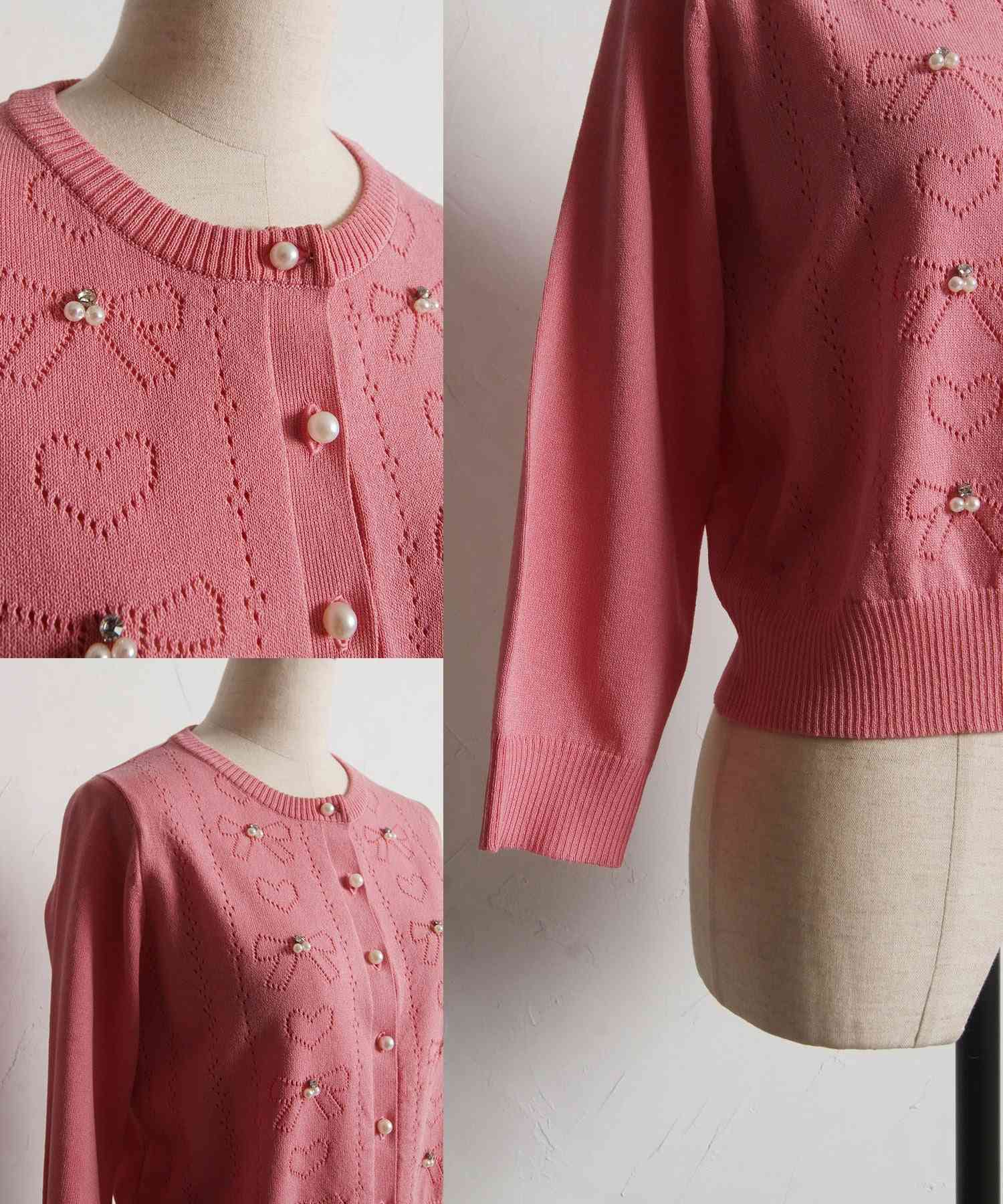 トッコクローゼット tocco closet パールビジュー付きリボン&ハート透かし編みニットカーディガン ホワイト