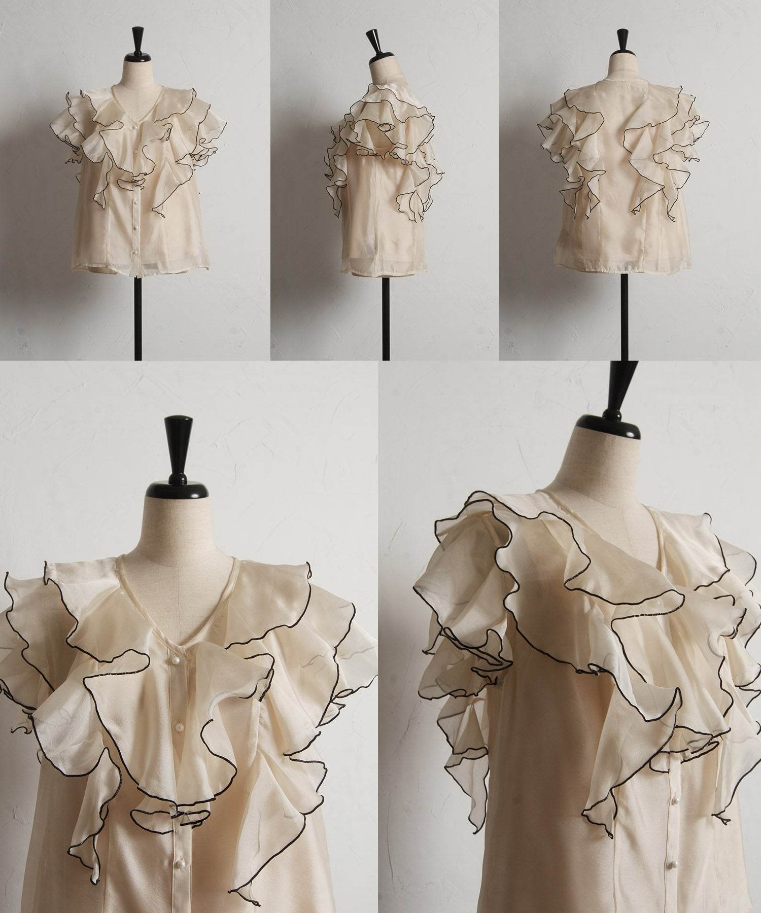 トッコクローゼット tocco closet キャミソール付きパールボタン配色ラッフルフリルオーガンジーブラウス ネイビー