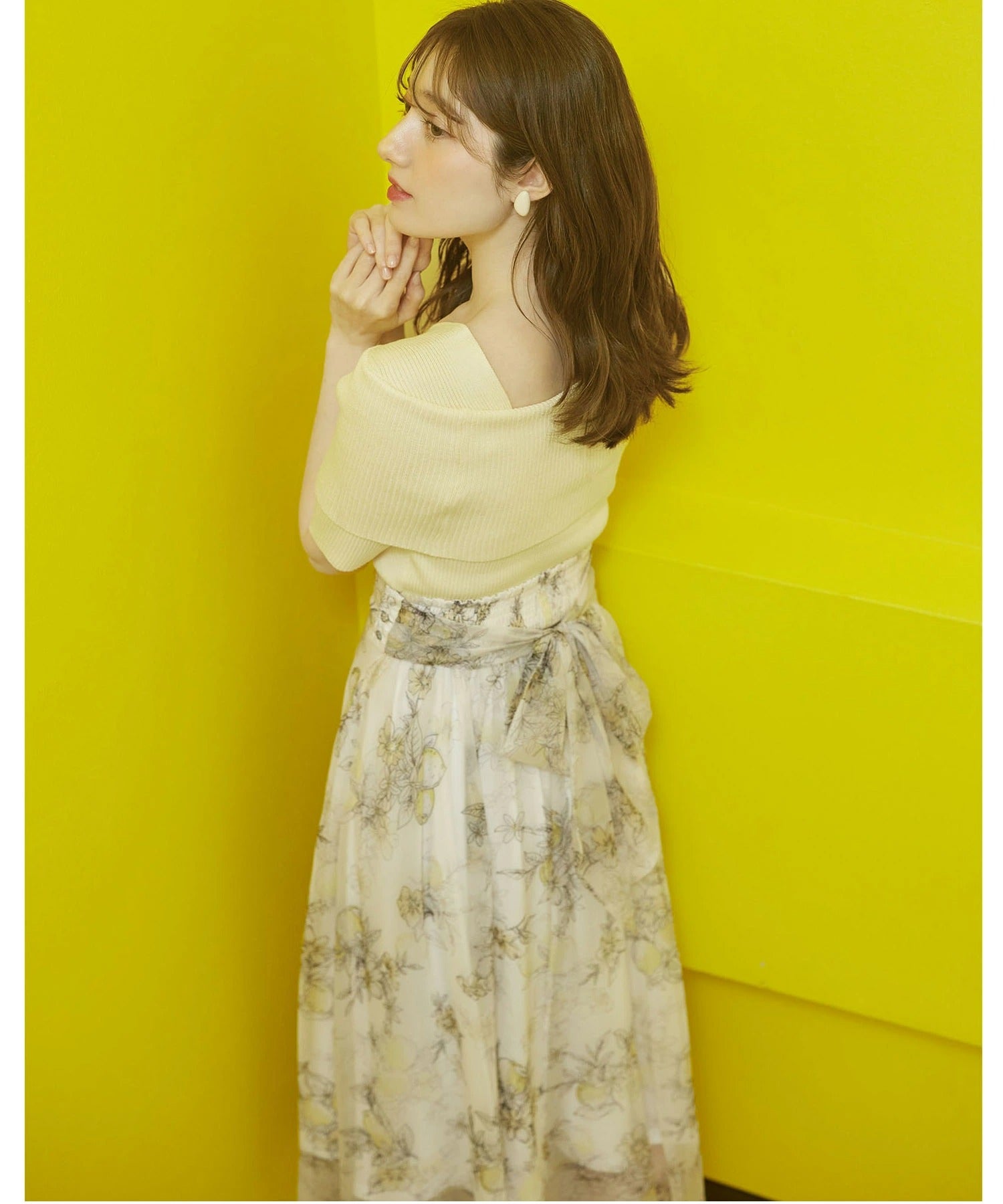 トッコクローゼット tocco closet 3WAYリボン付きレモンプリントシアーフレアスカート イエロー