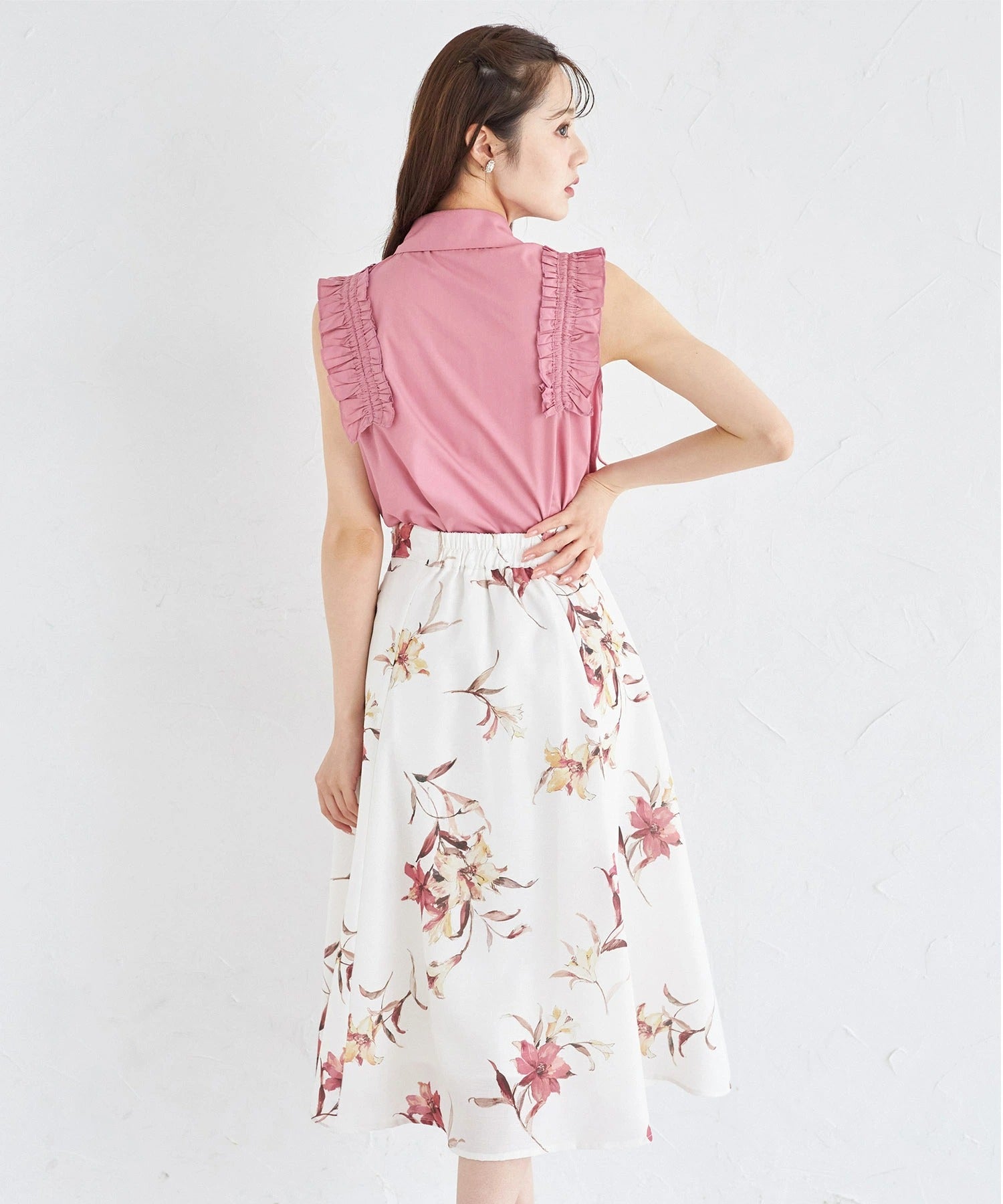 トッコクローゼット tocco closet ウエストアシメ切り替えフラワープリントフレアスカート ピンク