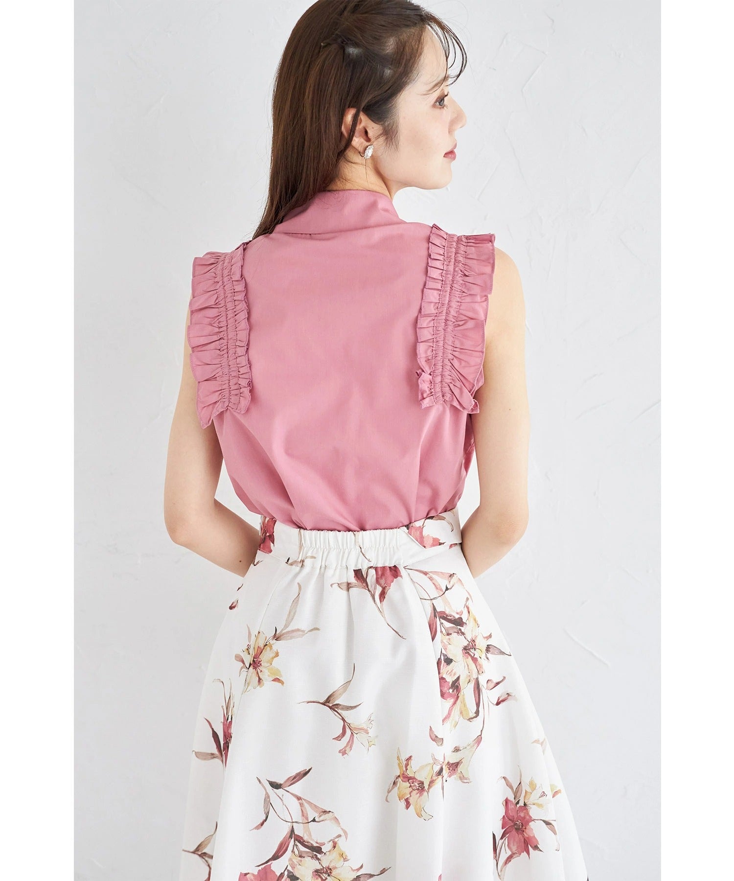 トッコクローゼット tocco closet ウエストアシメ切り替えフラワープリントフレアスカート ピンク