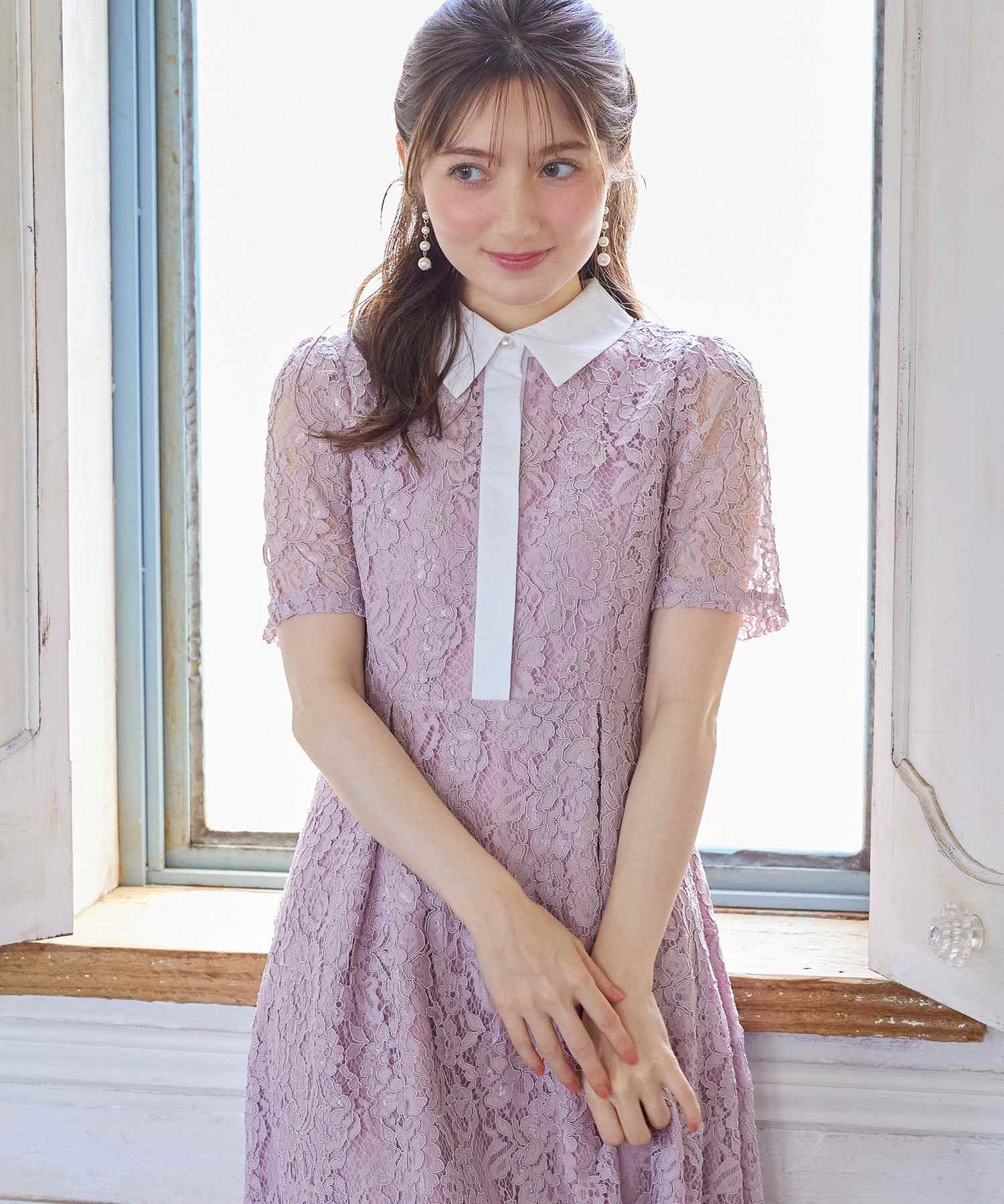Tocco Closet Pearl Button Panel Line Collared Lace Dress