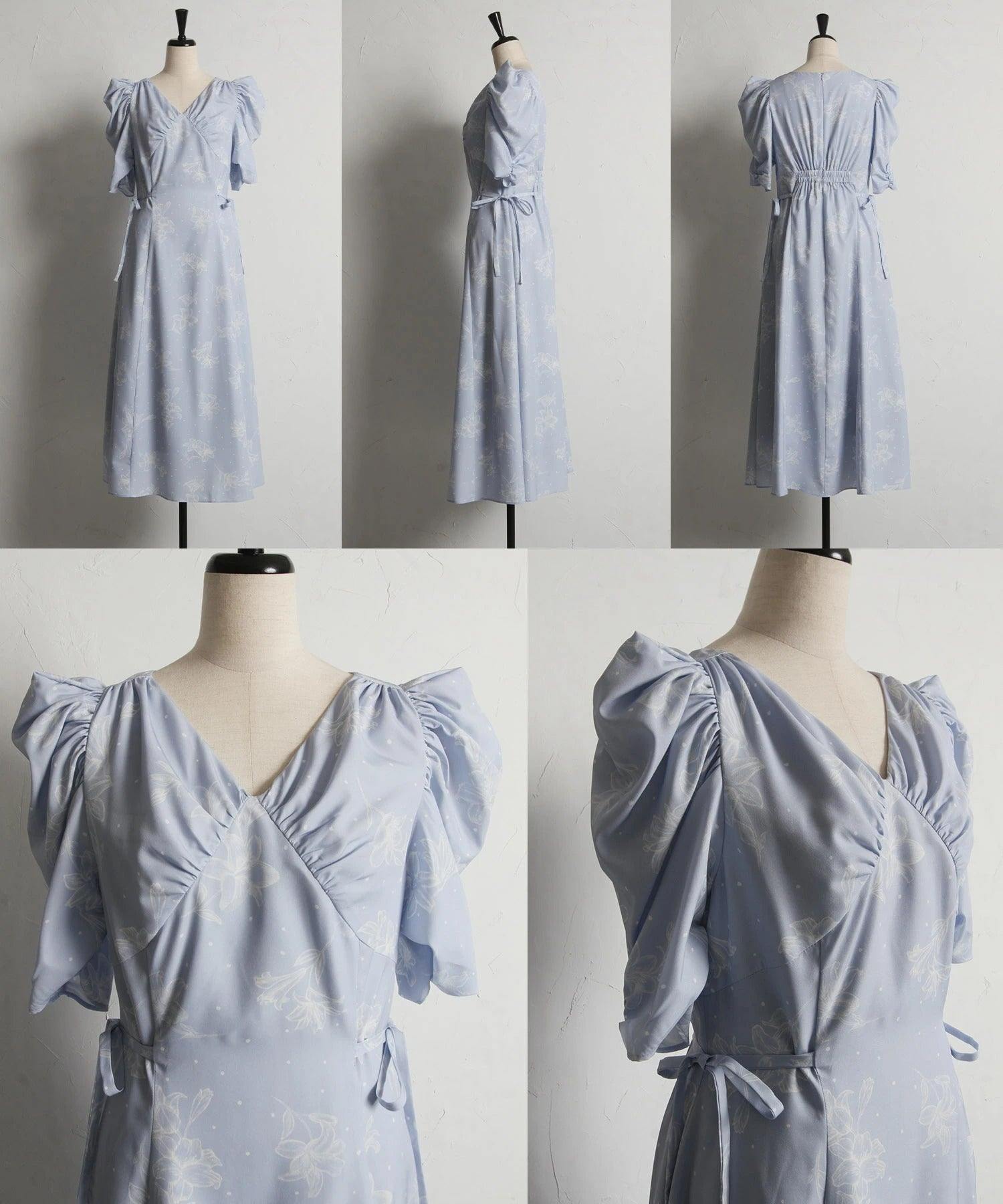 トッコクローゼット tocco closet サイドリボン付きパワーショルダーフラワープリントワンピース グレー