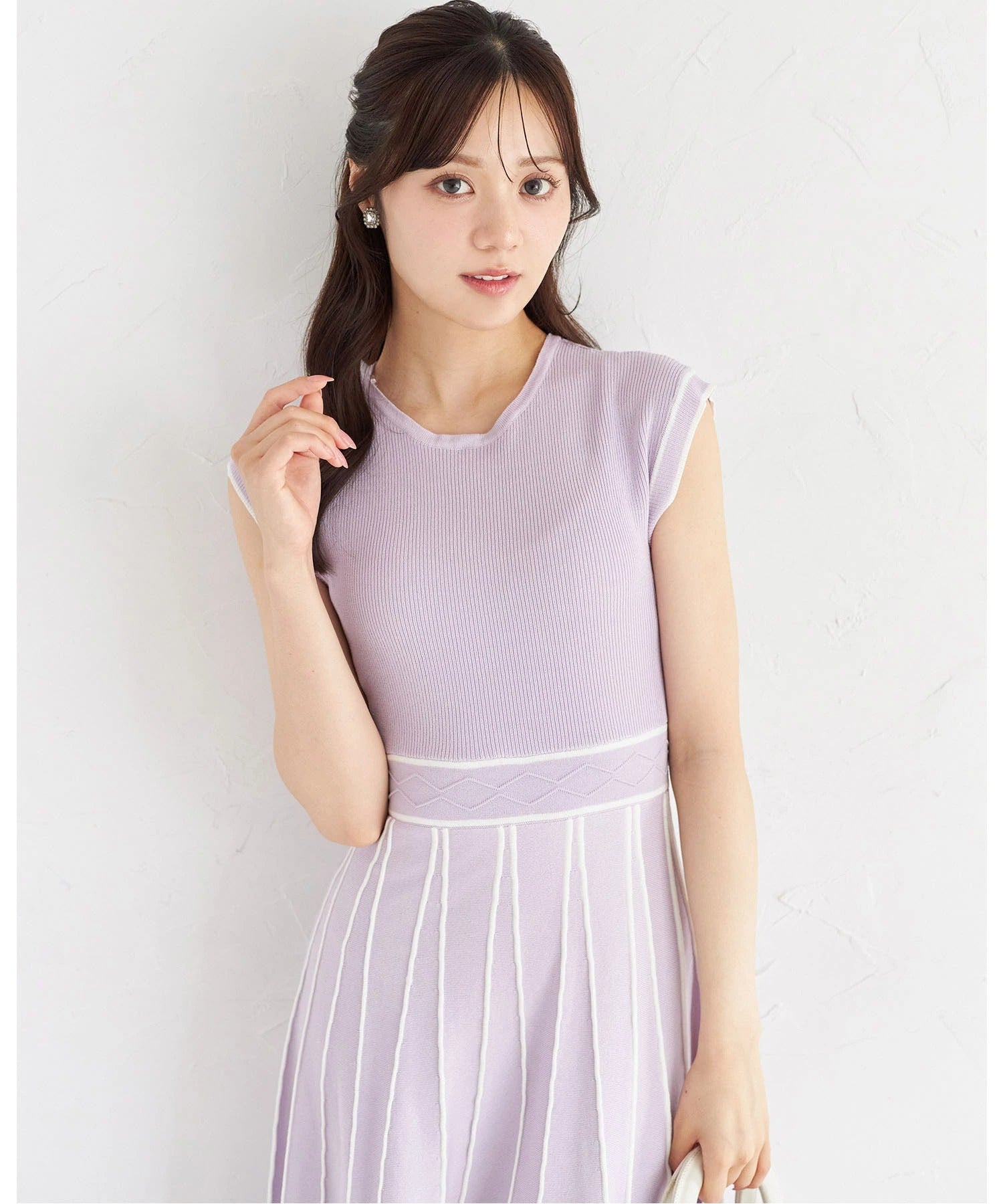 トッコクローゼット tocco closet 2WAYフラワーレース襟付き配色ラインプリーツニットワンピース パープル