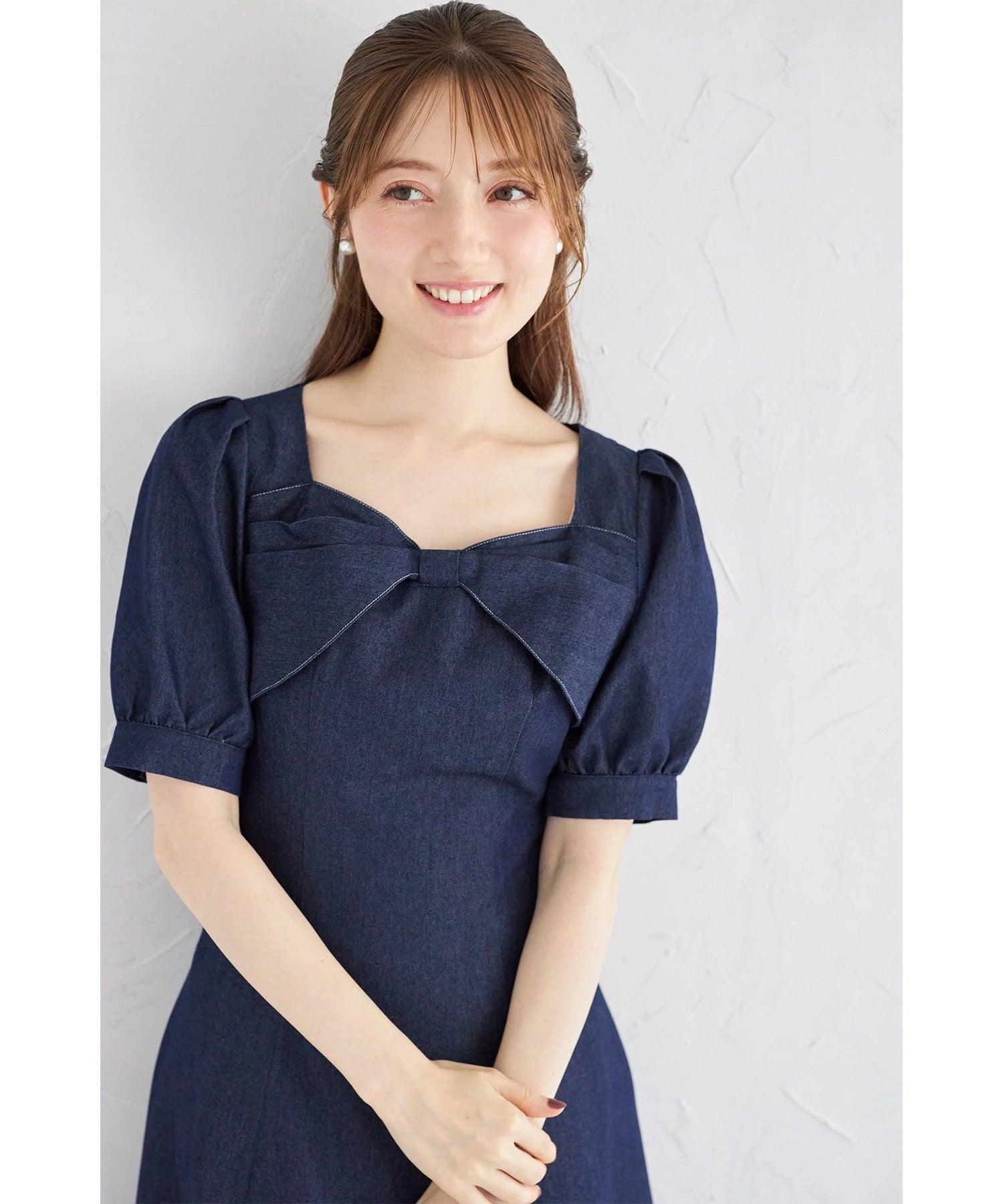 トッコクローゼット tocco closet リボンモチーフ付きバックレースアップデニムワンピース ネイビー