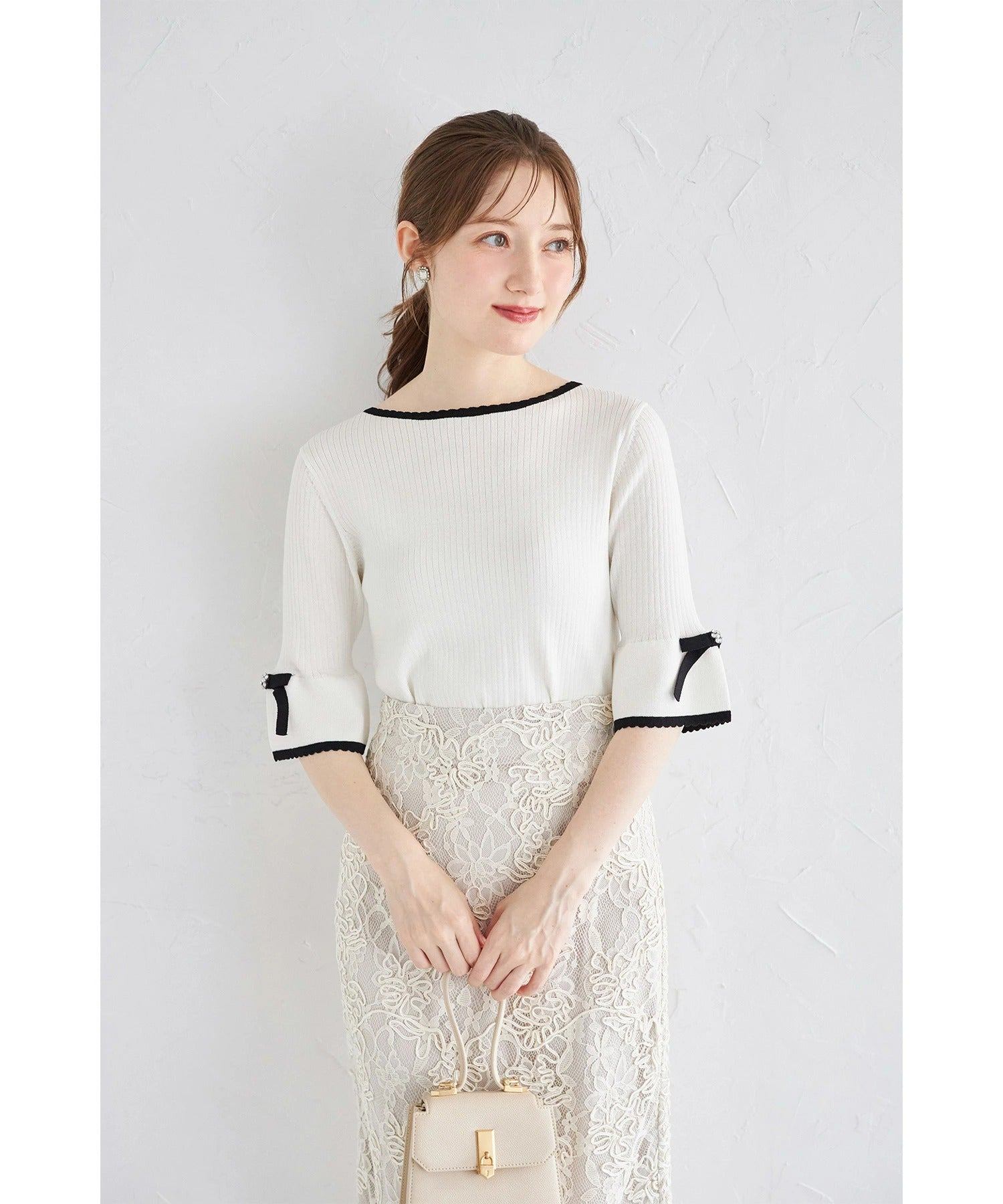 トッコクローゼット tocco closet リボン付きスカラップバイカラーニットプルオーバー ホワイト