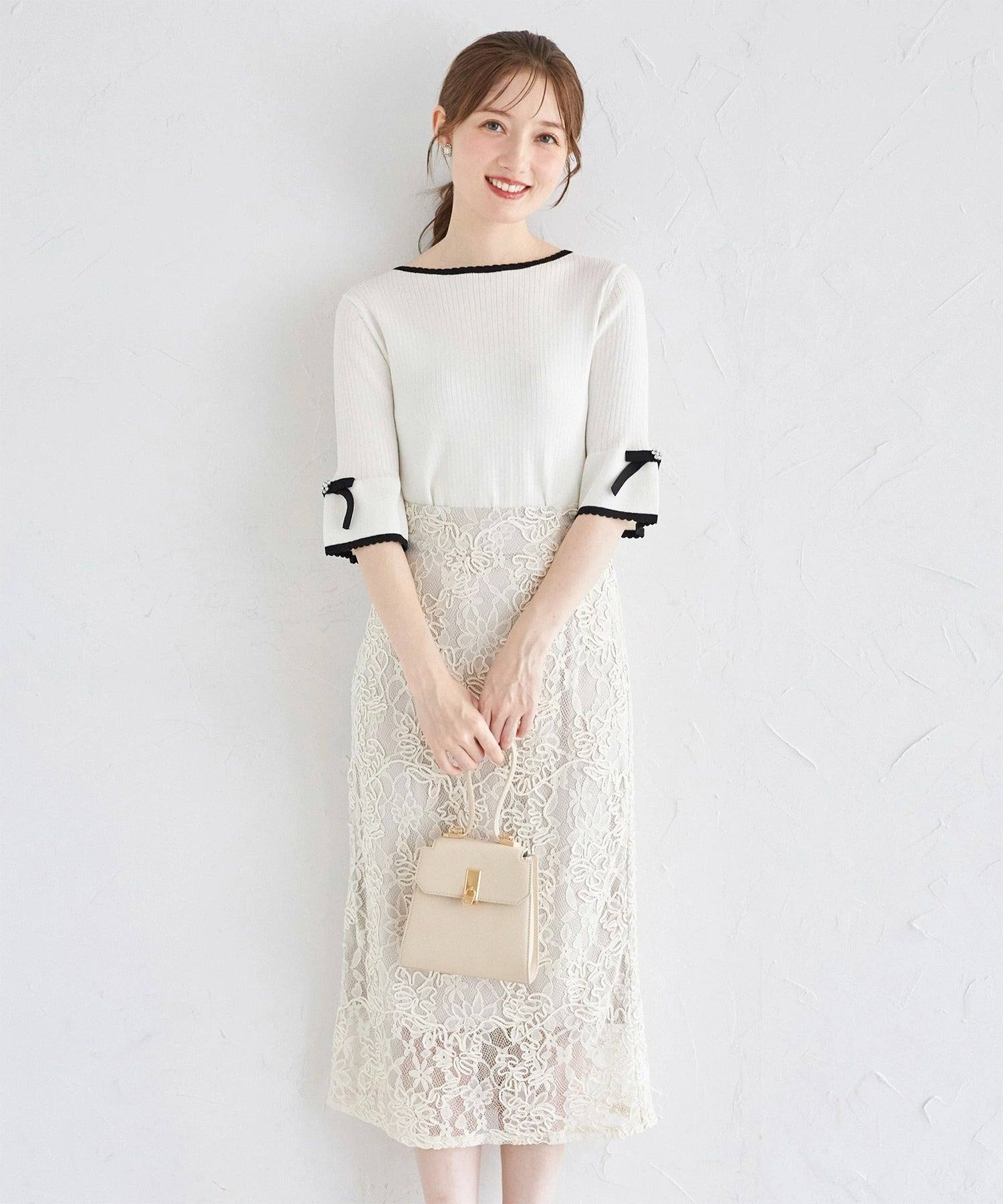 トッコクローゼット tocco closet リボン付きスカラップバイカラーニットプルオーバー ホワイト