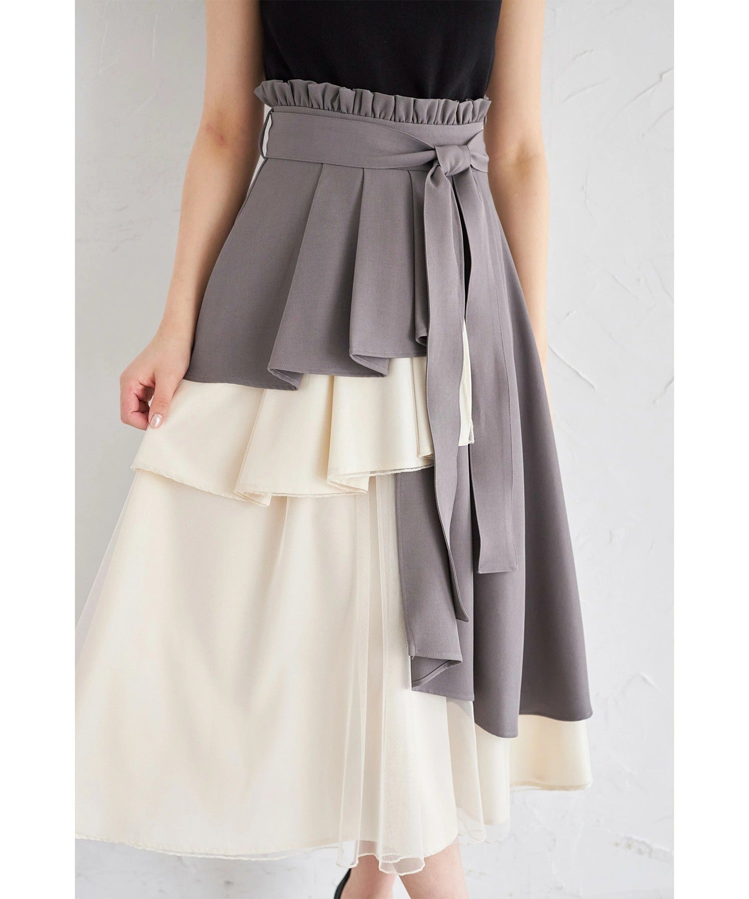 トッコクローゼット tocco closet ウエストリボン付きアシメフリル×チュールスカート グレー