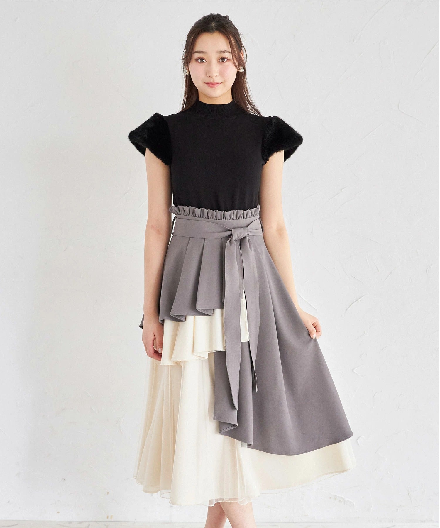 トッコクローゼット tocco closet ウエストリボン付きアシメフリル×チュールスカート グレー