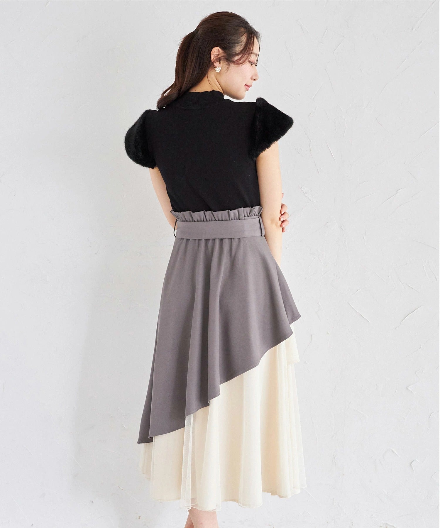 トッコクローゼット tocco closet ウエストリボン付きアシメフリル×チュールスカート グレー