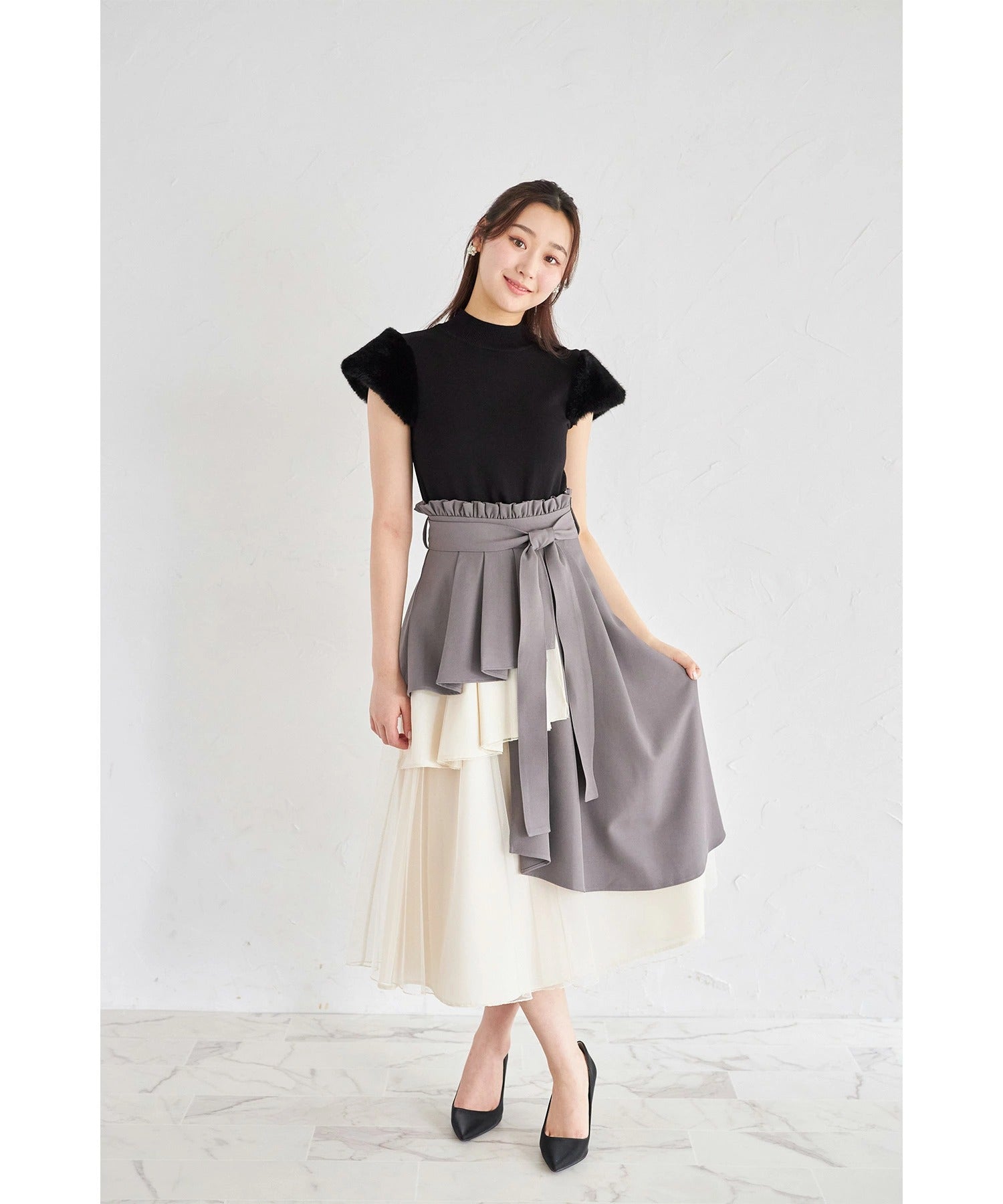 トッコクローゼット tocco closet ウエストリボン付きアシメフリル×チュールスカート グレー