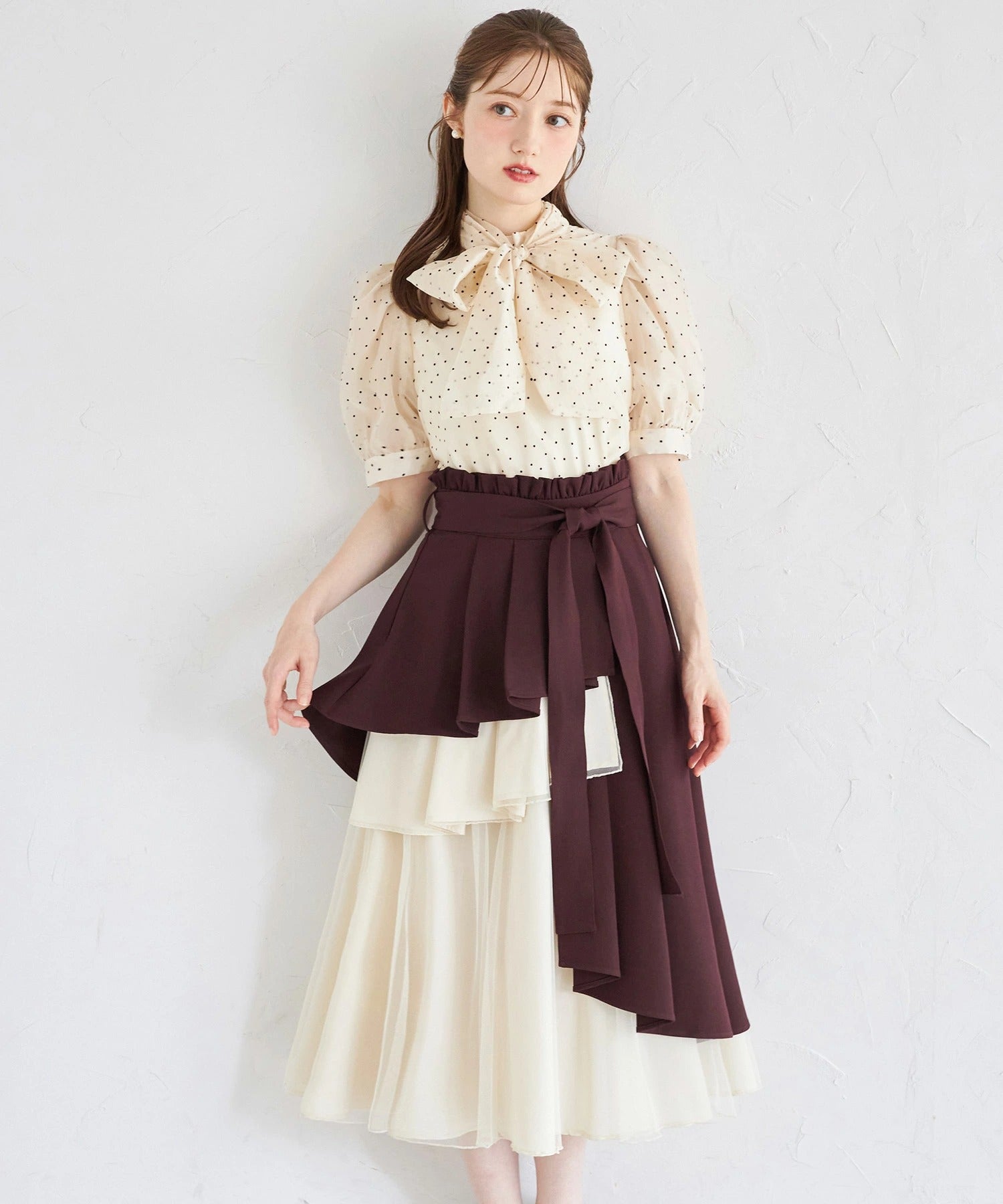 トッコクローゼット tocco closet ウエストリボン付きアシメフリル×チュールスカート レッド