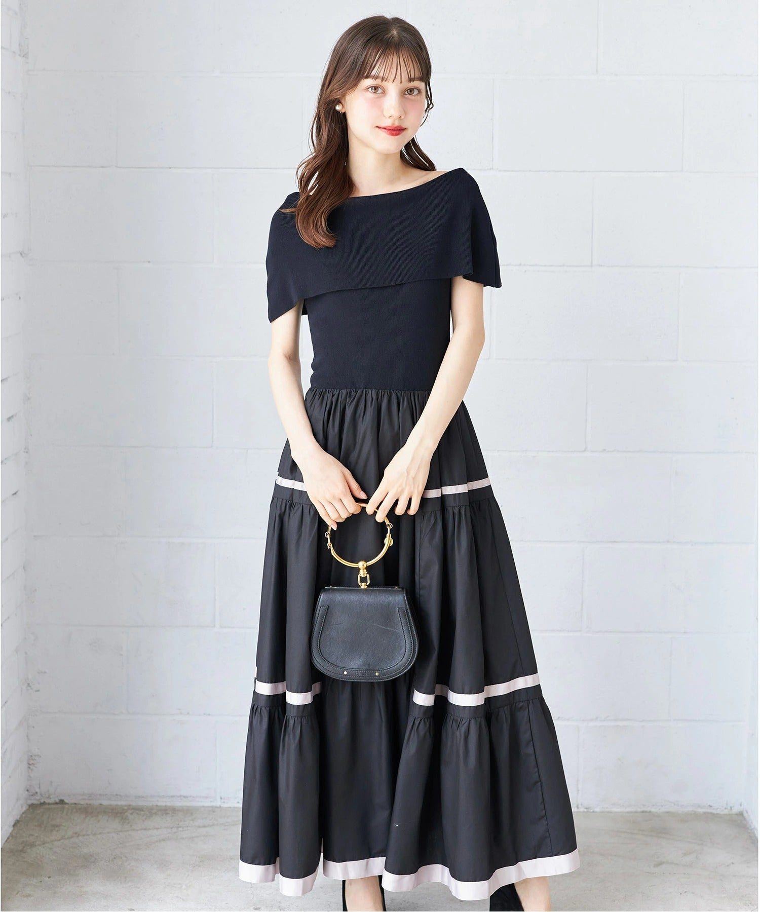 トッコクローゼット tocco closet 配色ラインニットドッキングティアードワンピース ブラック