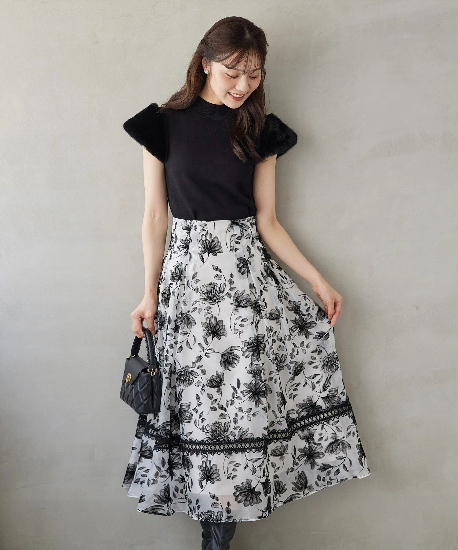 トッコクローゼット tocco closet バックレースアップシアーフロッキーフラワータックボリュームフレアスカート ホワイト