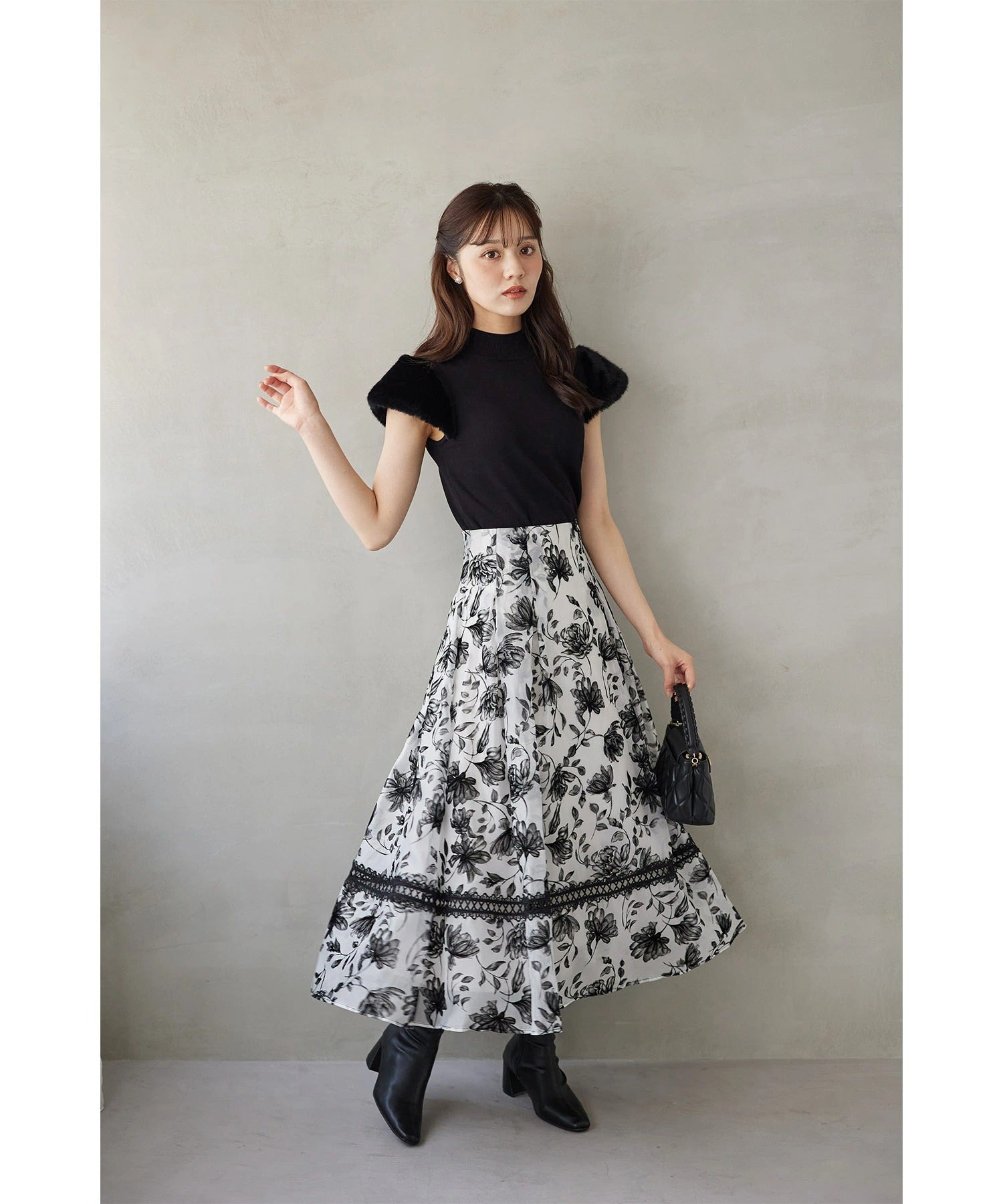 トッコクローゼット tocco closet バックレースアップシアーフロッキーフラワータックボリュームフレアスカート ホワイト