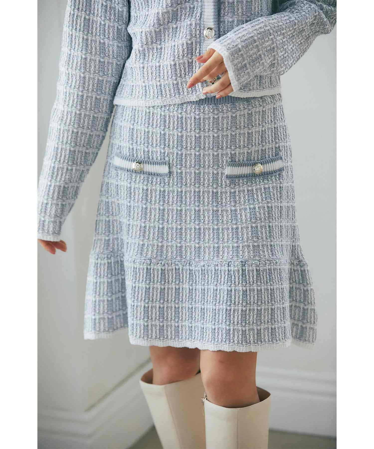 トッコクローゼット tocco closet 飾りポケット装飾ツイード風ニットミニスカート ブルー