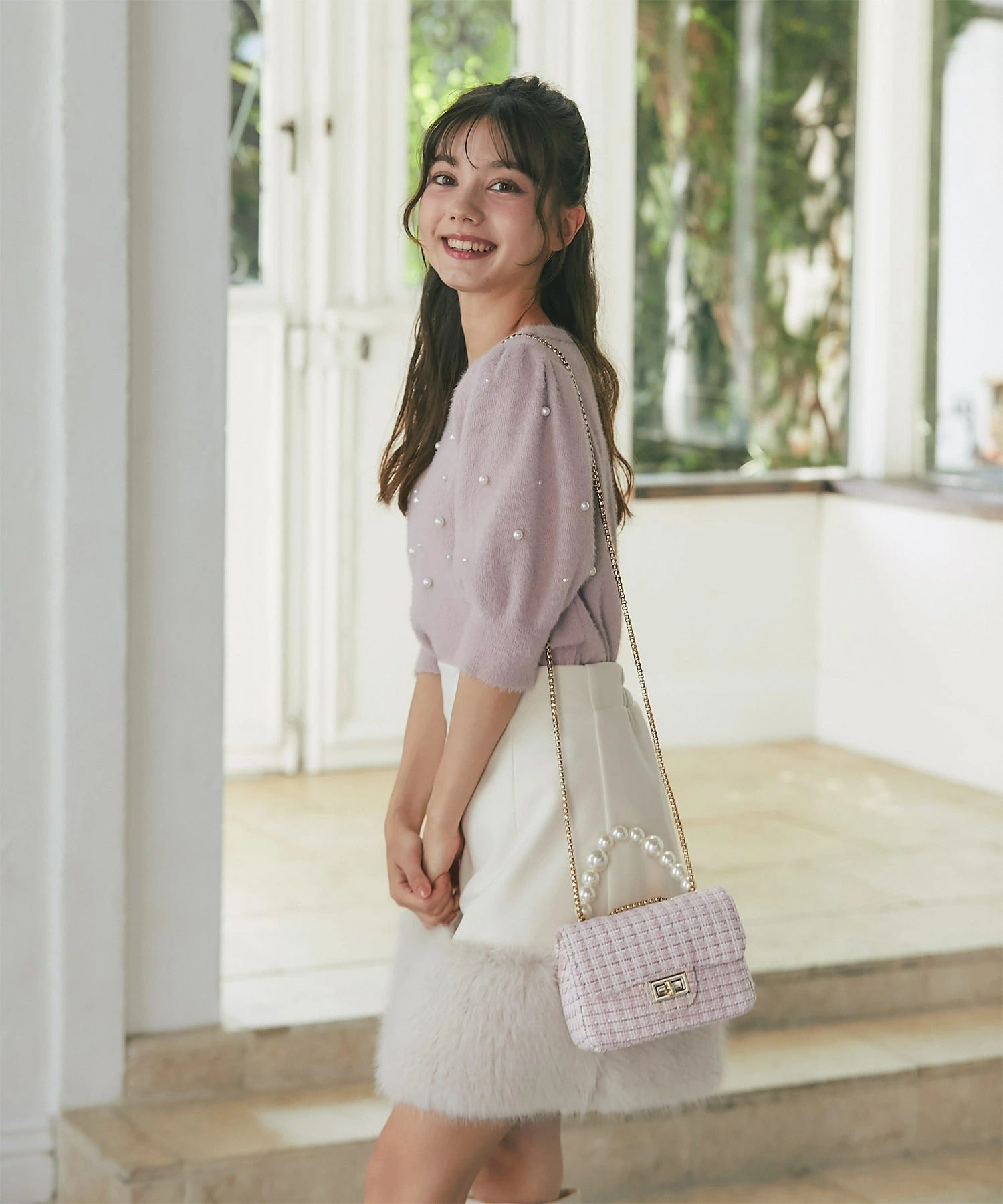 トッコクローゼット tocco closet インナーパンツ付き裾ファー切り替えミニスカート ベージュ