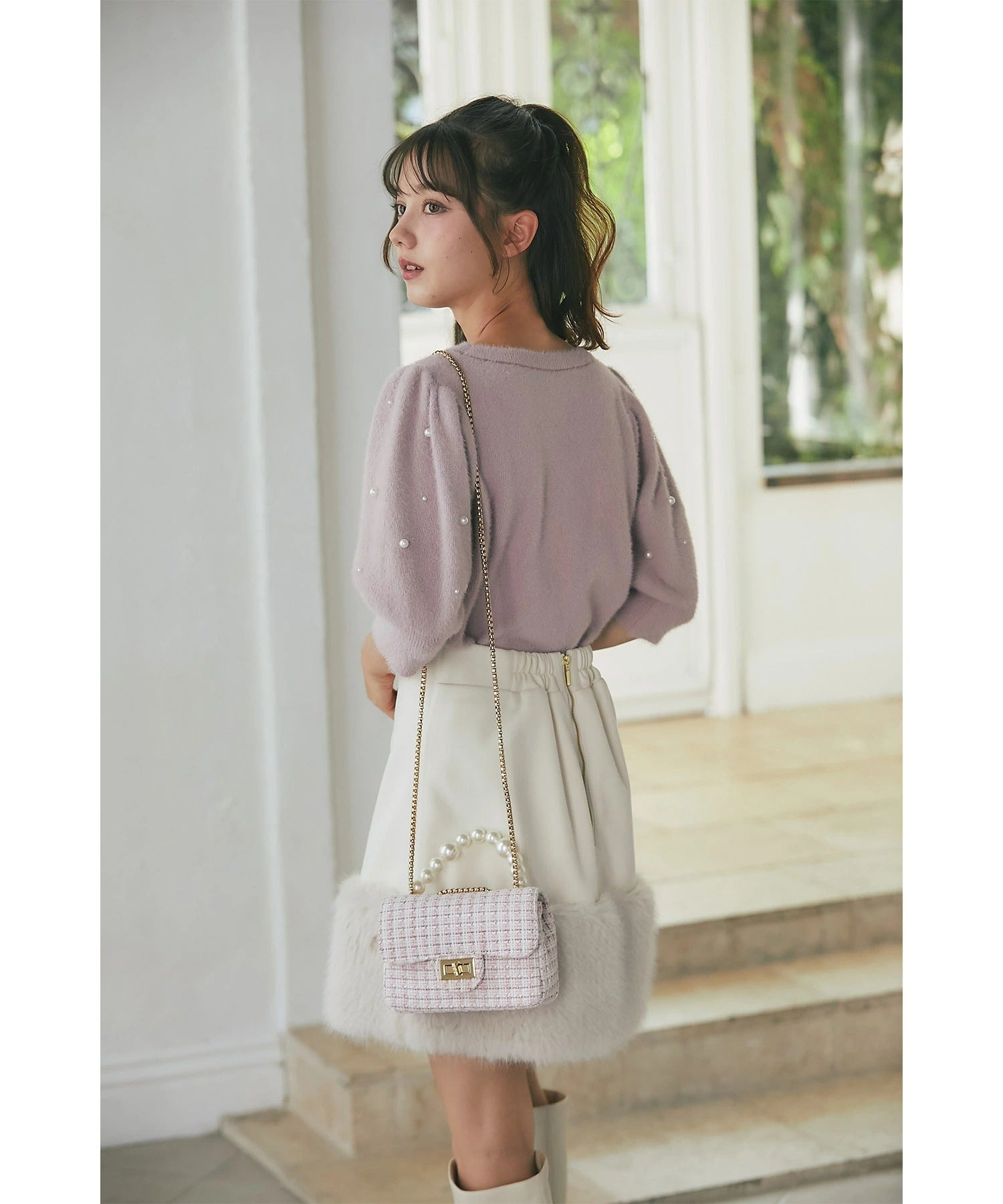 トッコクローゼット tocco closet インナーパンツ付き裾ファー切り替えミニスカート ベージュ