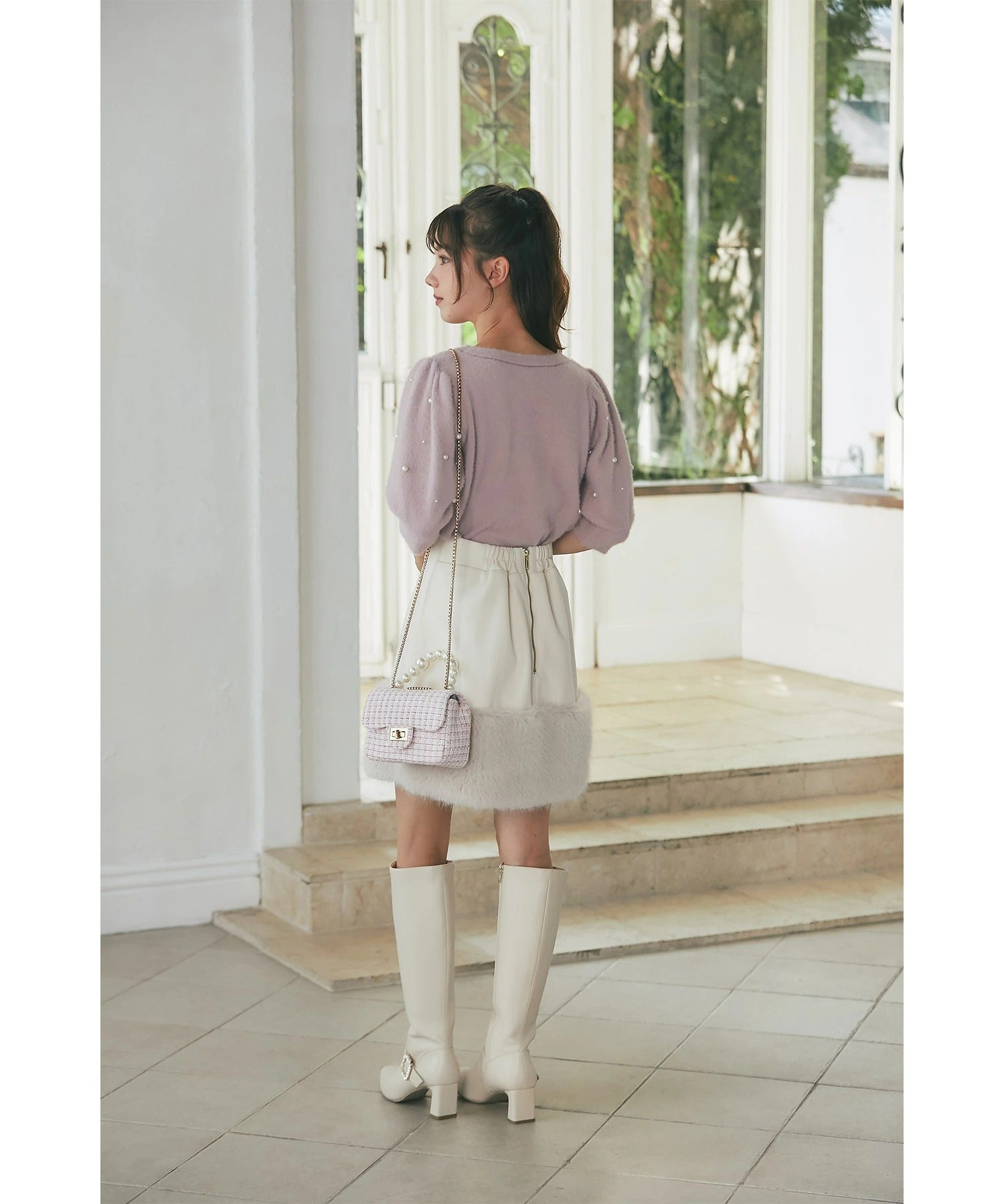 トッコクローゼット tocco closet インナーパンツ付き裾ファー切り替えミニスカート ベージュ