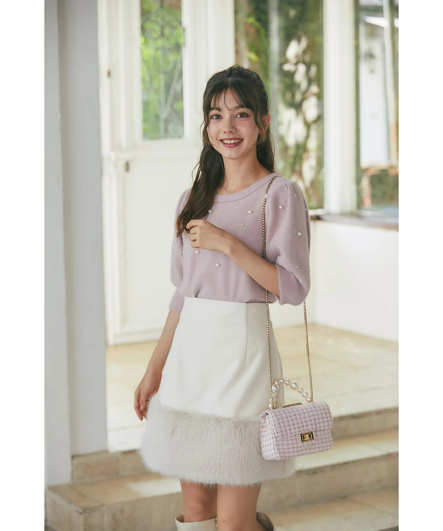 トッコクローゼット tocco closet インナーパンツ付き裾ファー切り替えミニスカート ベージュ