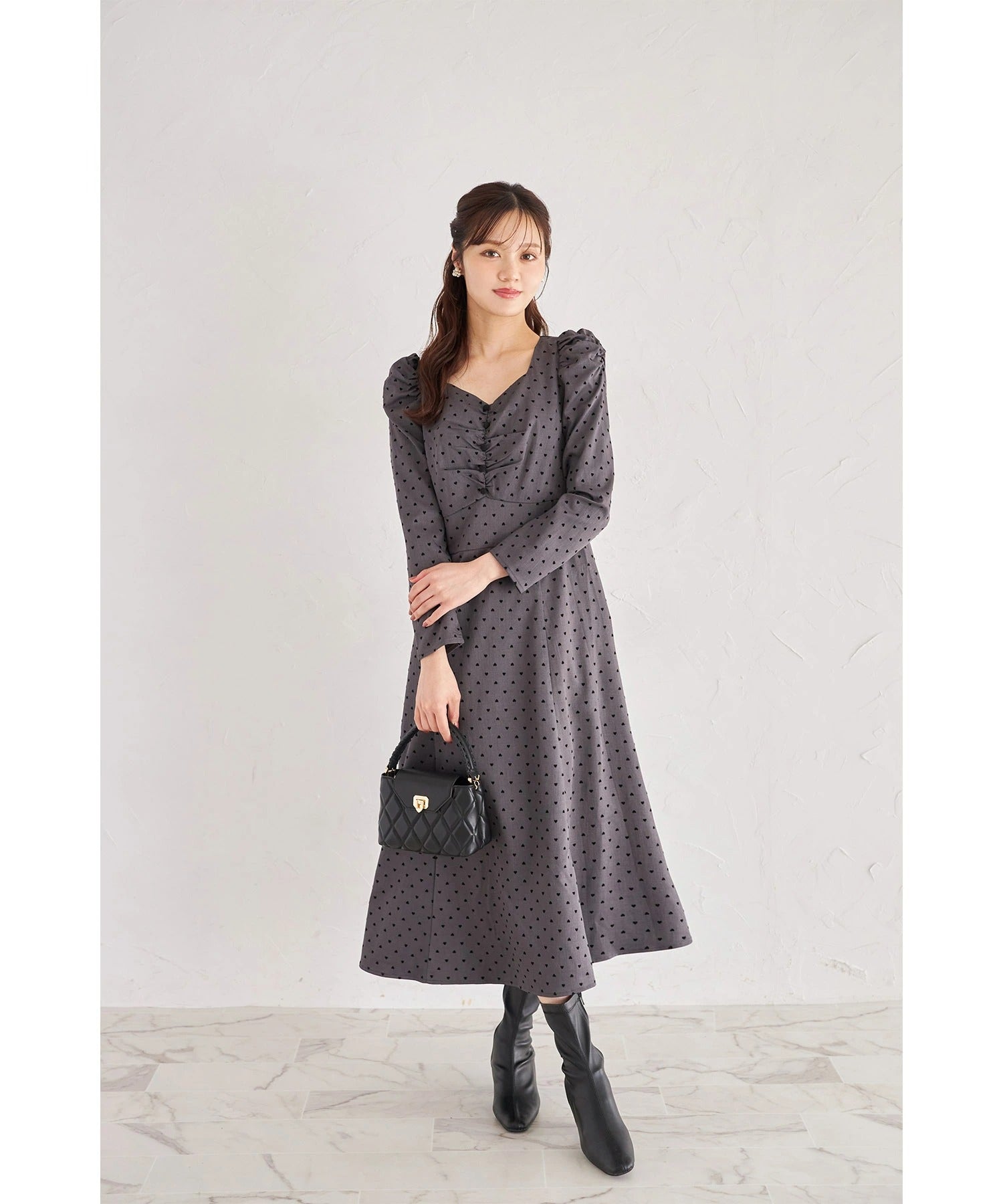 トッコクローゼット tocco closet フロッキーハートドットワンピース グレー