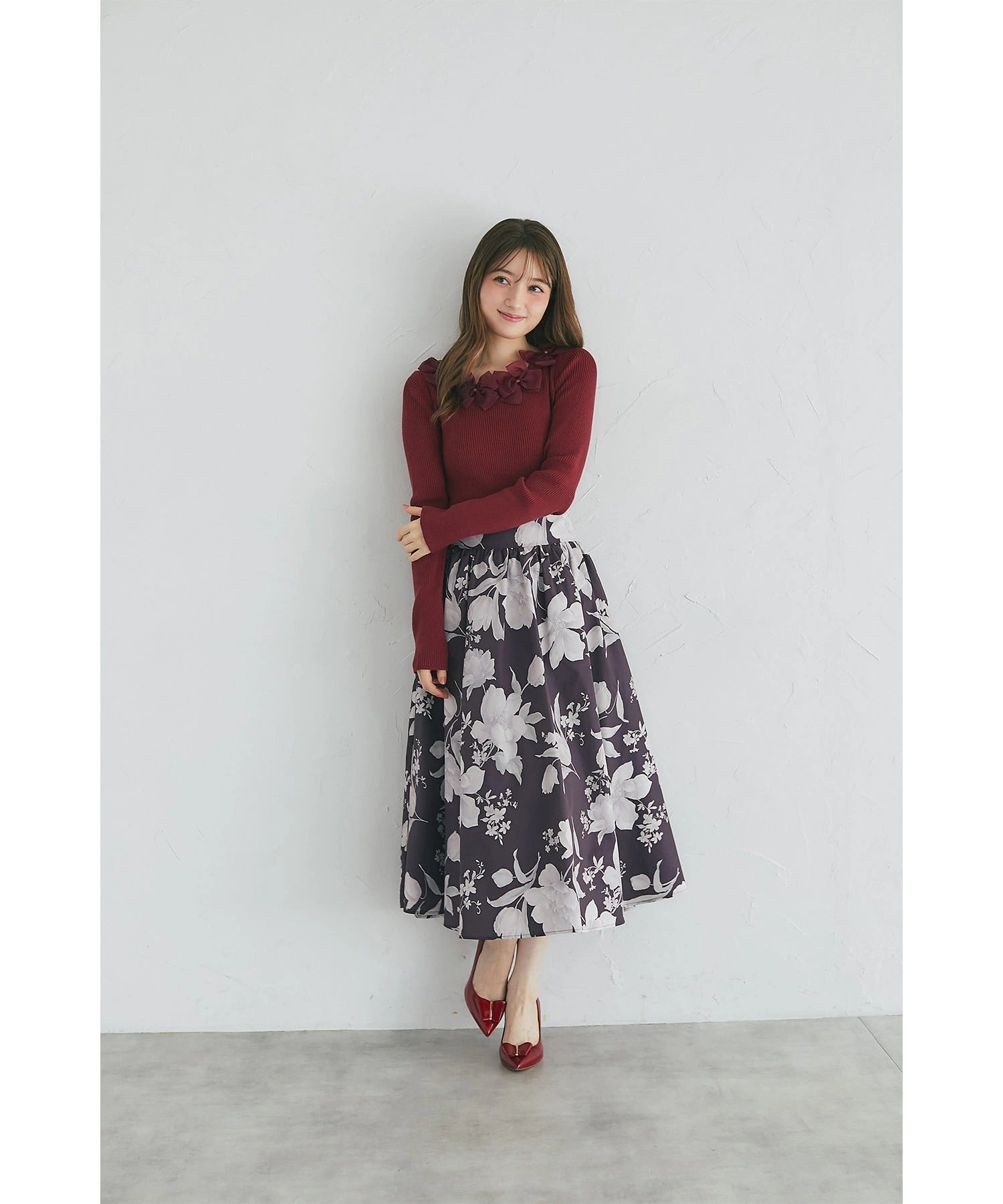 トッコクローゼット tocco closet 後ろリボン付きフラワープリントタフタフレアスカート ブラウン