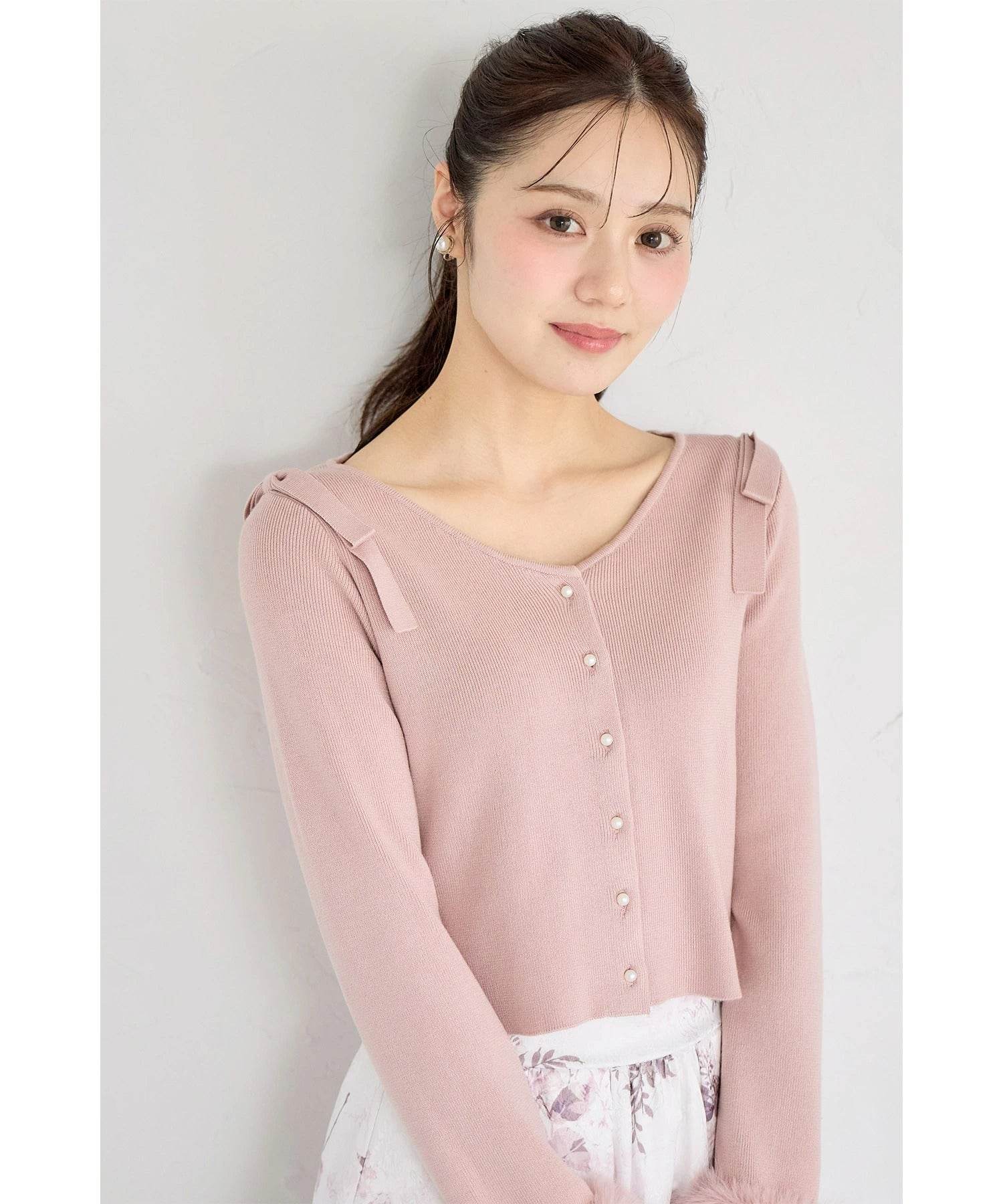 トッコクローゼット tocco closet 2WAYファー付き肩リボンニットカーディガン ピンク