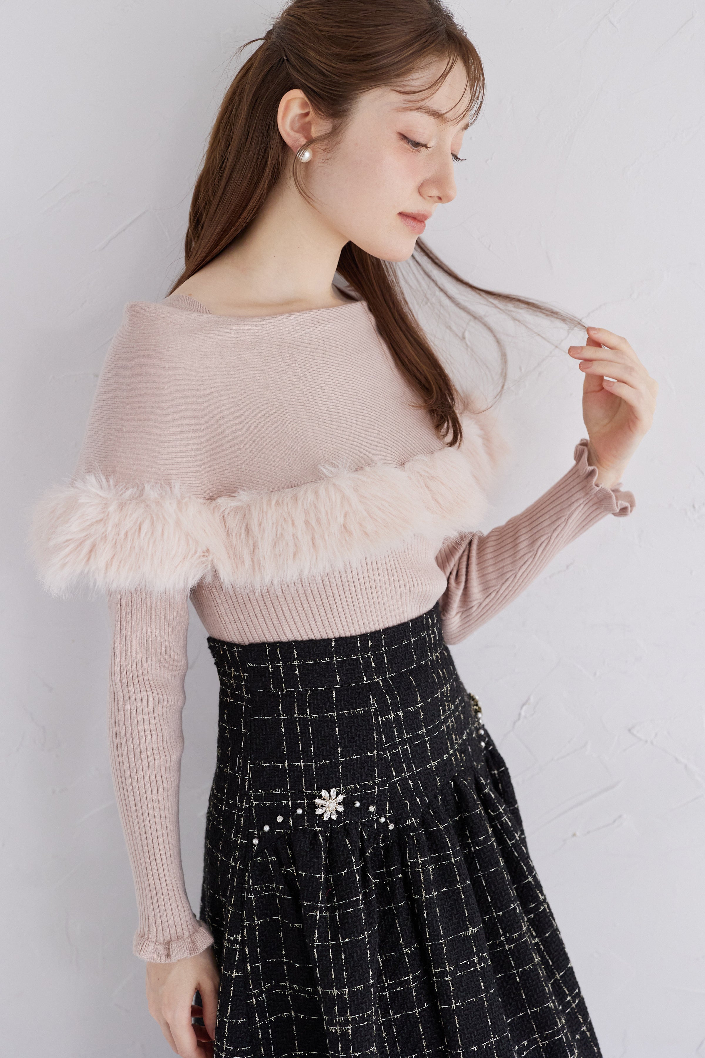 トッコクローゼット tocco closet ビジュー装飾スカラップ切り替えツイードフレアスカート ブラック