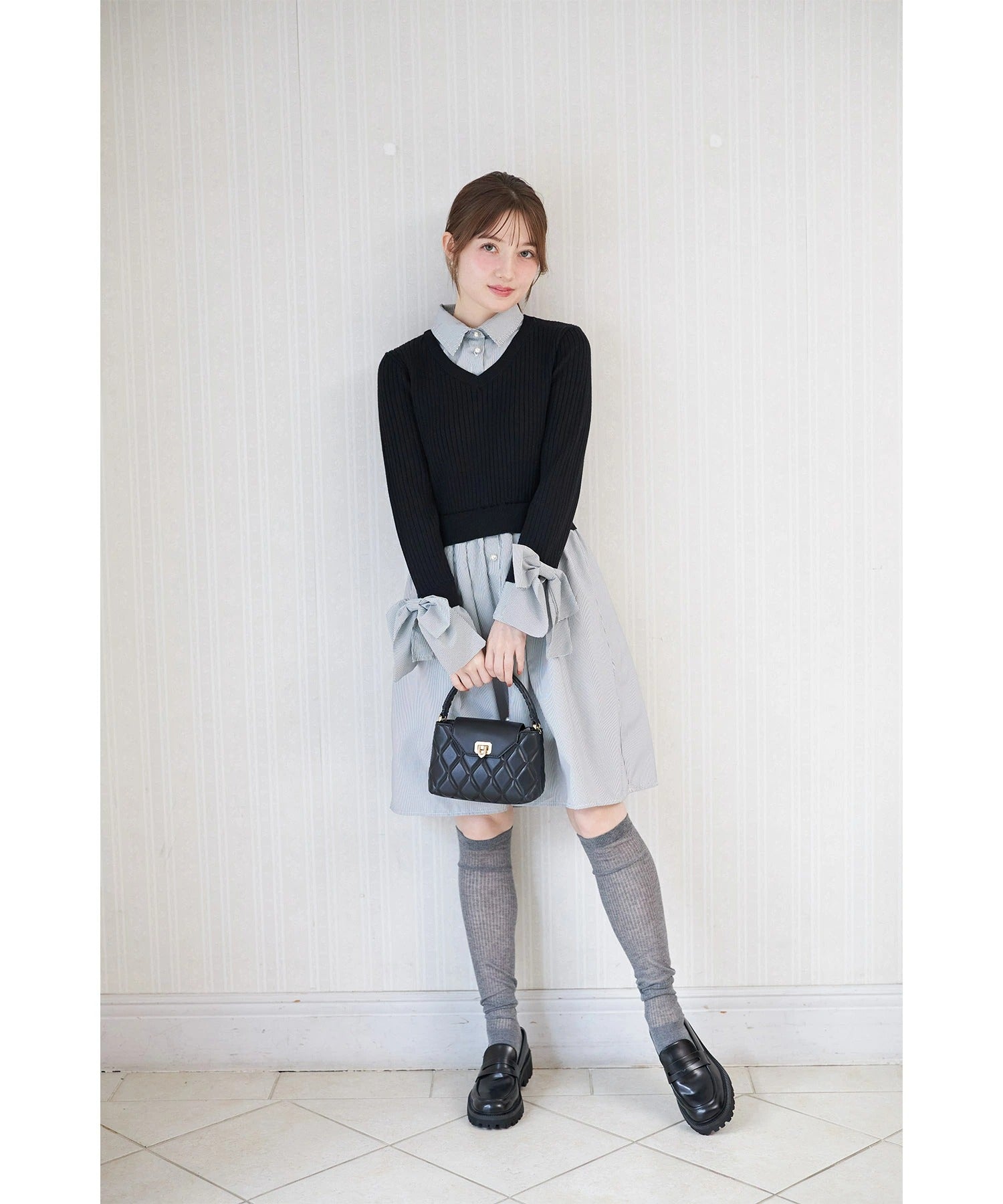 トッコクローゼット tocco closet ニットドッキングシャツワンピース ブラック