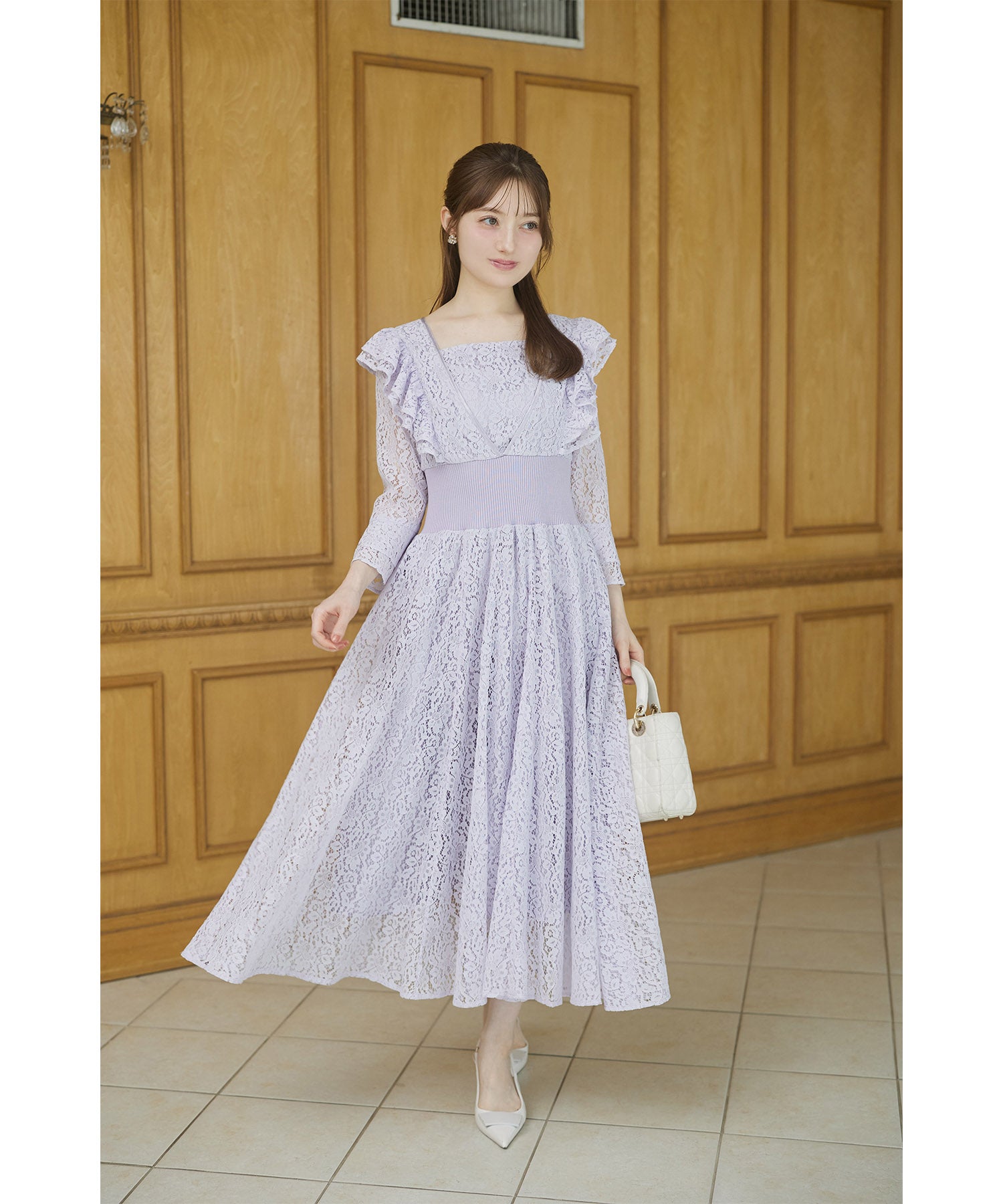 トッコクローゼット tocco closet お呼ばれシーンで大活躍するウエストリブフリルレースワンピース パープル