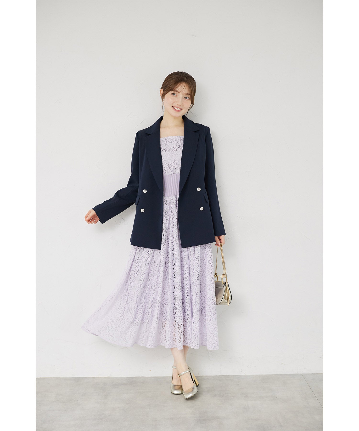 トッコクローゼット tocco closet お呼ばれシーンで大活躍するウエストリブフリルレースワンピース パープル