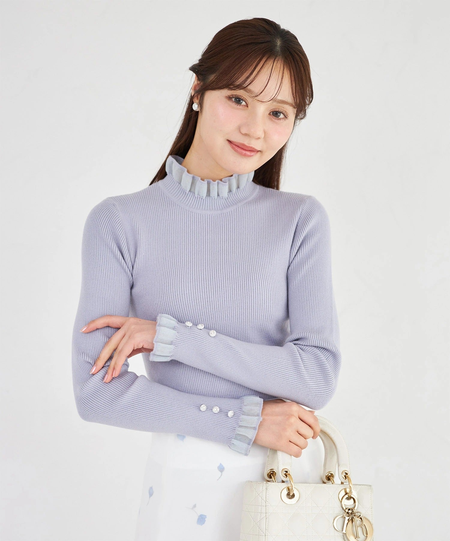 トッコクローゼット tocco closet 袖口ビジュー付きシアーフリル切り替えリブニットプルオーバー ブルー