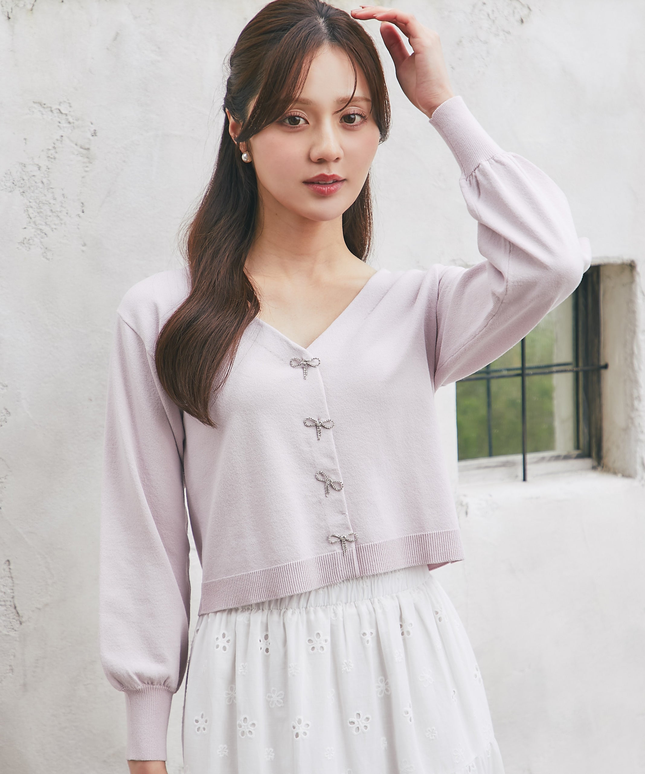 トッコクローゼット tocco closet リボンビジュー釦Vネックニットカーディガン パープル