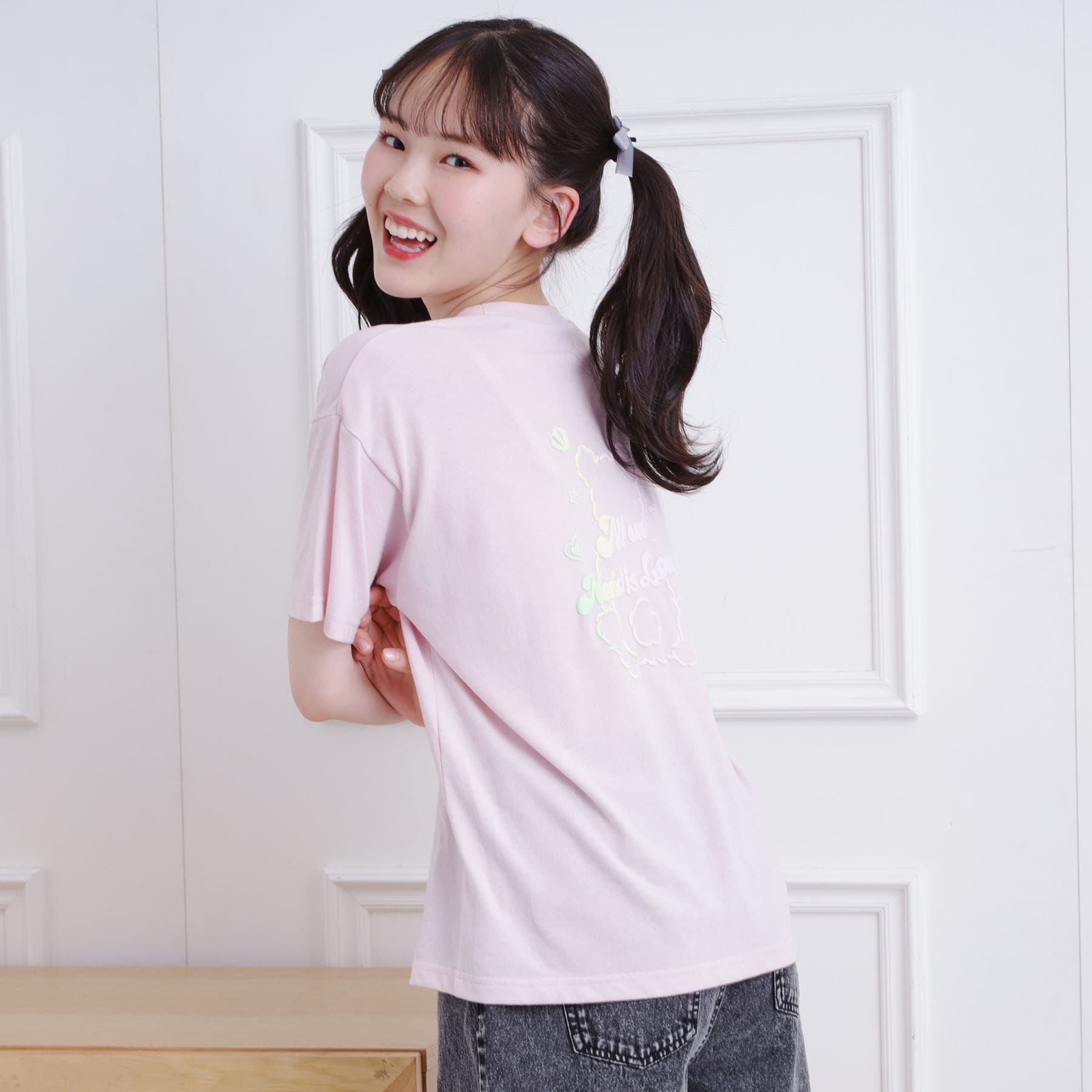 ピンク ラテ PINK-latte 接触冷感 グラデーションくまちゃん発砲ビッグTシャツ (チャコールグレー(014)) チャコールグレー(014)