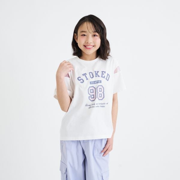ピンク ラテ PINK-latte 袖チュール切替ナンバリング半袖Tシャツ (黒) 黒