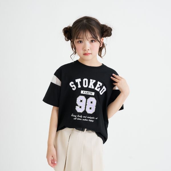 ピンク ラテ PINK-latte 袖チュール切替ナンバリング半袖Tシャツ (黒) 黒