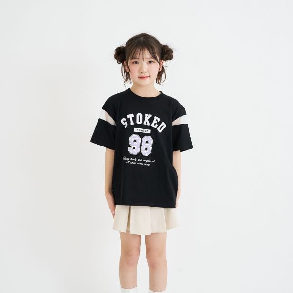 ピンク ラテ PINK-latte 袖チュール切替ナンバリング半袖Tシャツ (黒) 黒