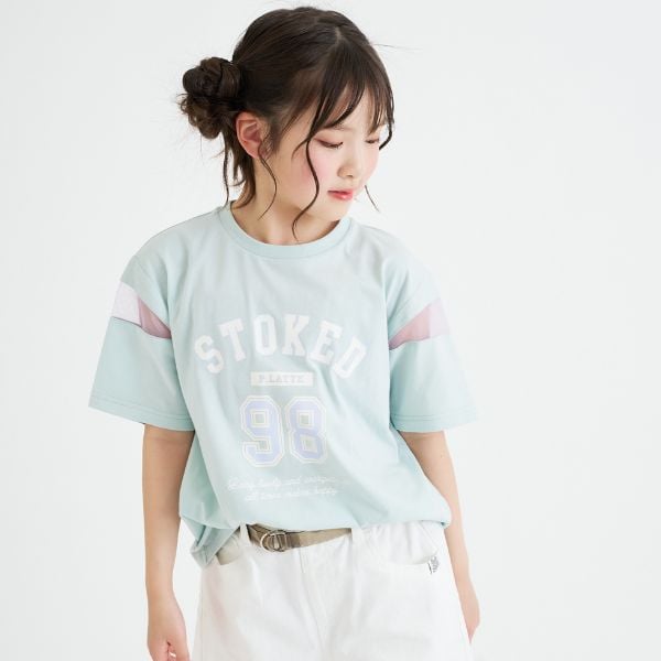 ピンク ラテ PINK-latte 袖チュール切替ナンバリング半袖Tシャツ (黒) 黒