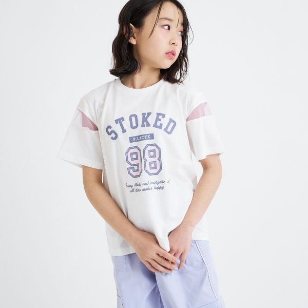 ピンク ラテ PINK-latte 袖チュール切替ナンバリング半袖Tシャツ (黒) 黒