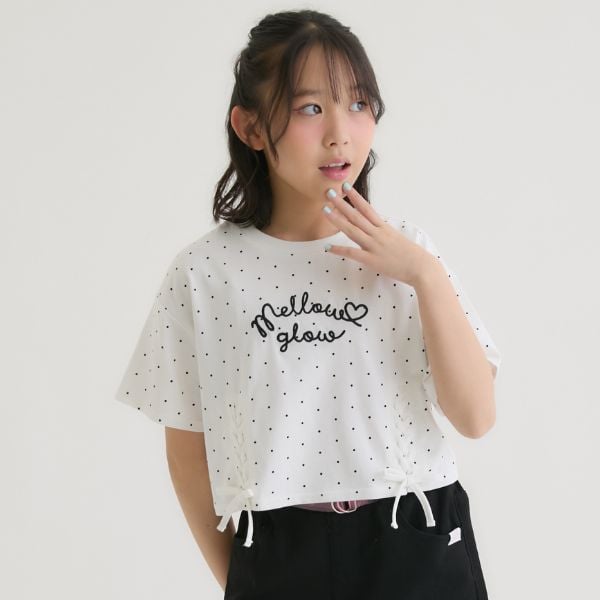 ピンク ラテ PINK-latte アソート柄レースアップ半袖Tシャツ (オフ ホワイト) オフ ホワイト