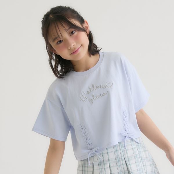 ピンク ラテ PINK-latte アソート柄レースアップ半袖Tシャツ (オフ ホワイト) オフ ホワイト