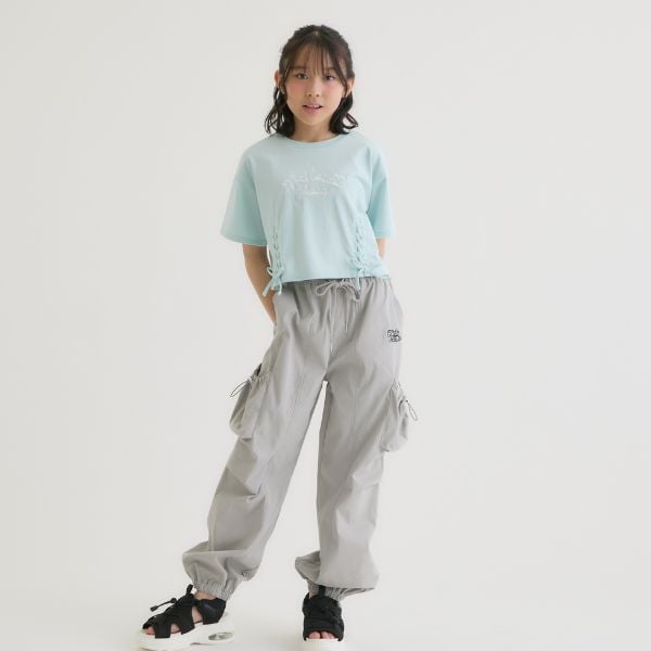 ピンク ラテ PINK-latte アソート柄レースアップ半袖Tシャツ (オフ ホワイト) オフ ホワイト