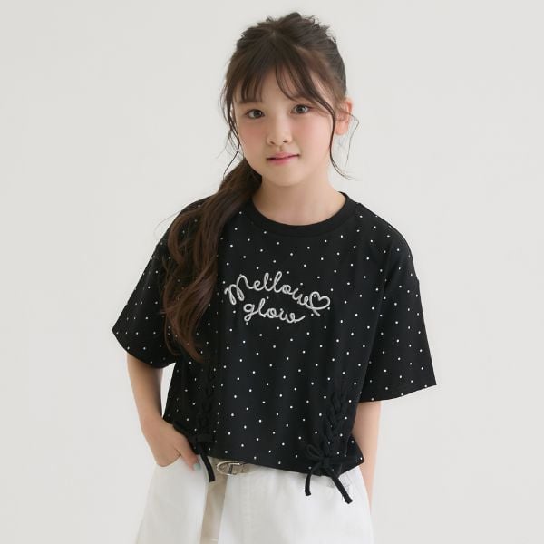 ピンク ラテ PINK-latte アソート柄レースアップ半袖Tシャツ (オフ ホワイト) オフ ホワイト