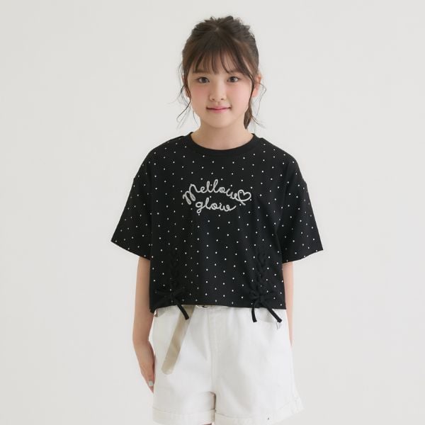 ピンク ラテ PINK-latte アソート柄レースアップ半袖Tシャツ (オフ ホワイト) オフ ホワイト